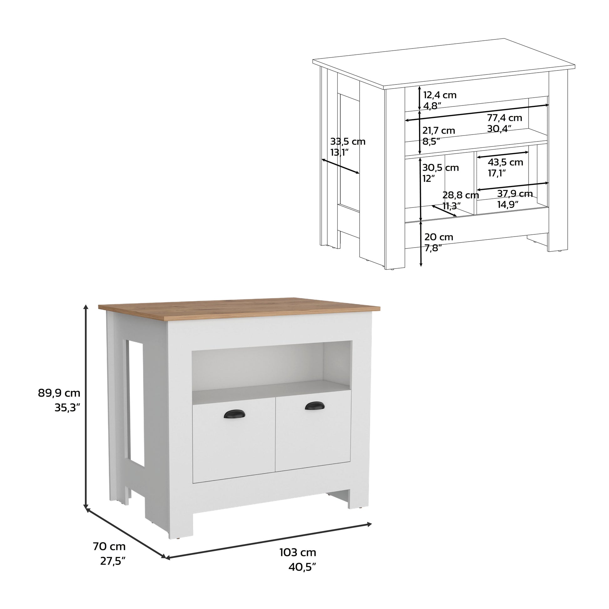 Floyd Kitchen Island 35" Hwhit 2 Doors, 3 Shelves, White Macadamia White Solid Wood Mdf Engineered Wood