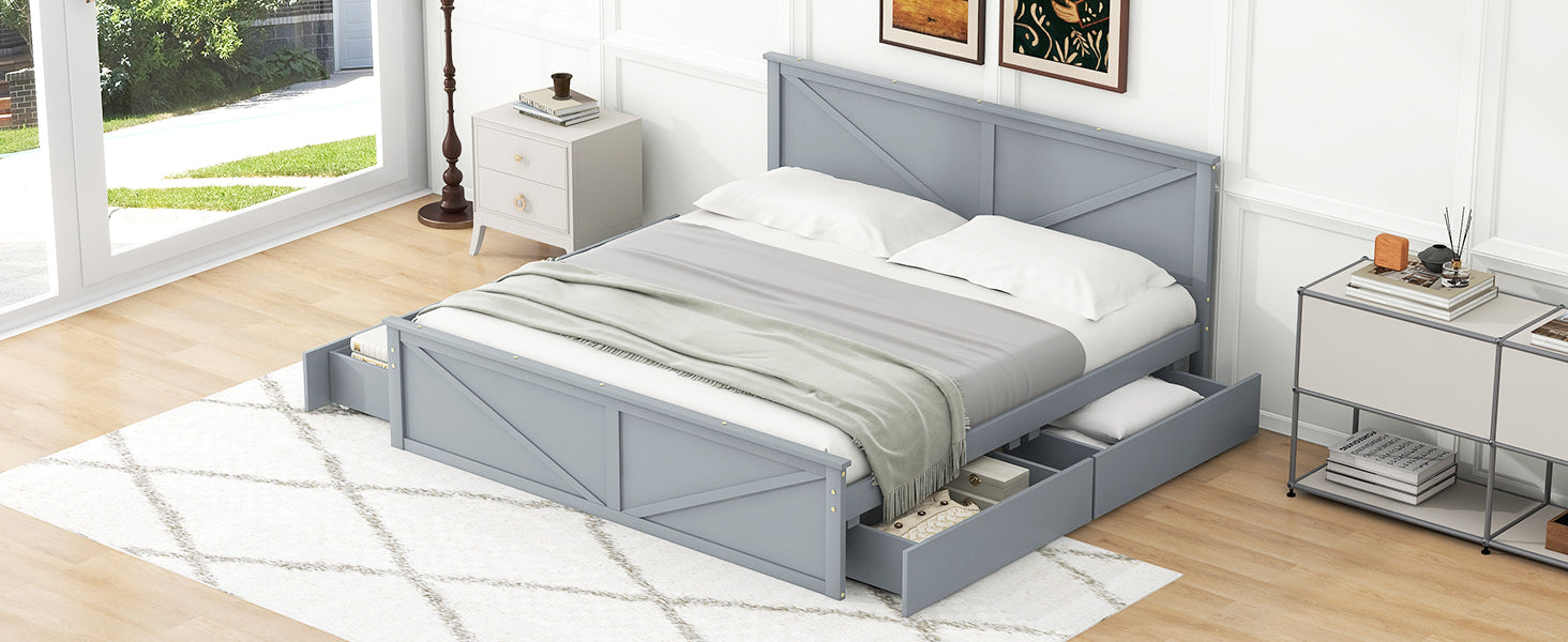 King Size Wooden Platform Bed With Four Storage Drawers And Support Legs, Gray King Gray Pine