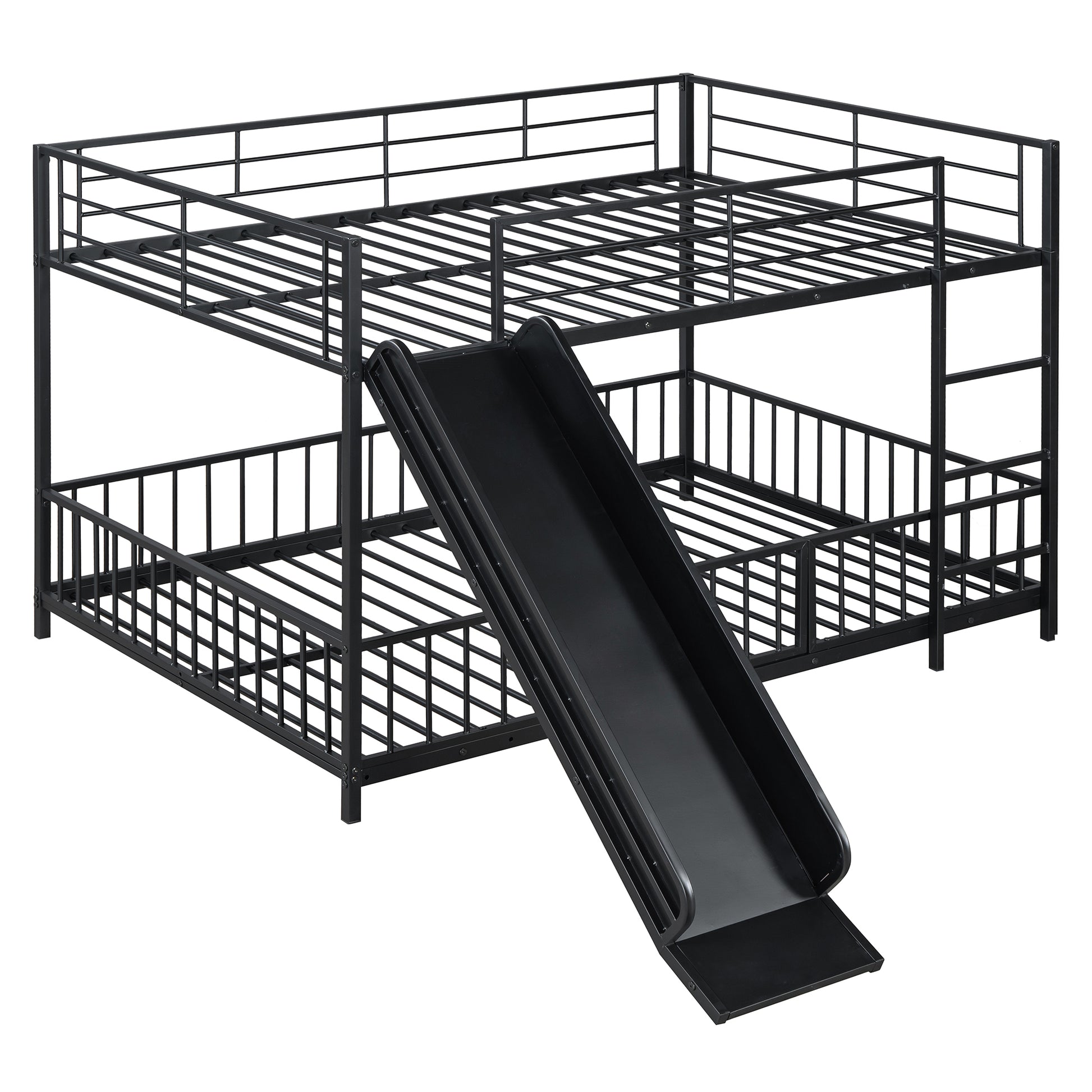 Full Over Full Size Metal Bunk Bed With Slide And Guardrails, Black Full Black Metal