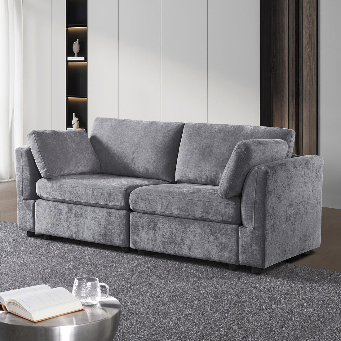 Modular Sofa Whitechenille Fabric, Simple And Grand, The Seat And Back Is Very Soft. This Is Also A Knock Down Sofa Grey Brown Chenille Wood Primary Living Space Medium Firm Light Duty Victorian Rectangle Acacia Rolled Arms Chenille 4 Seat