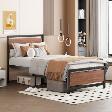 Twin Size Platform Bed, Metal And Wood Bed Frame With Headboard And Footboard, Black Black Metal & Wood