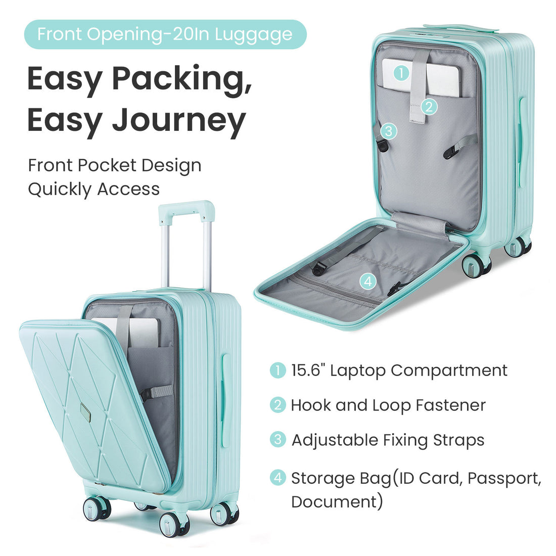 Luggage Sets 3 Piece 20 24 28 , Expandable Carry On Luggage With Tsa Lock Airline Approved, 100% Pc Hard Shell And Lightweight Suitcase With Front Pocket And Spinner Wheels Mint Green Pc