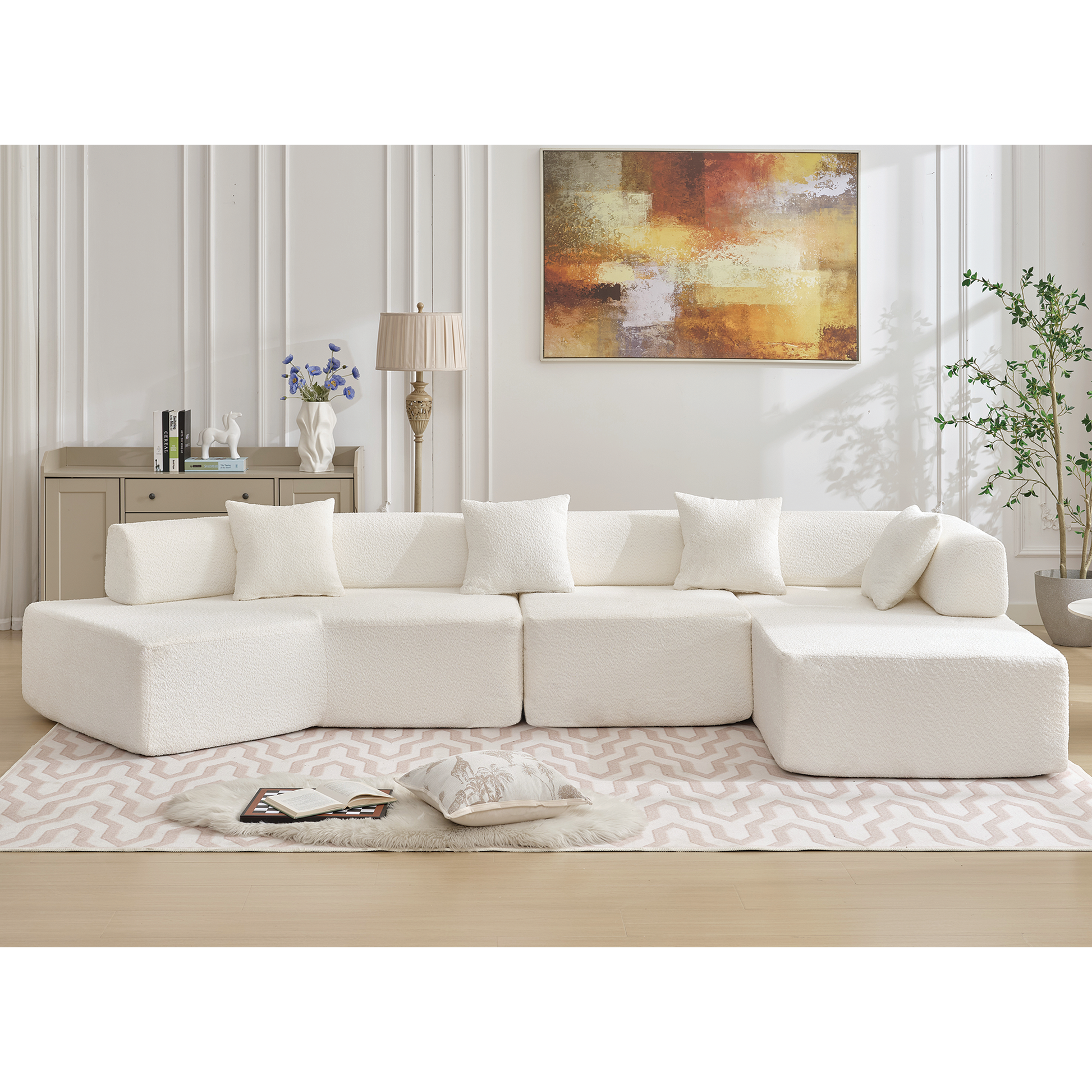 Arrived Modern Minimalist 140" L Shape Couch ,No Assembly Required,Boucle,Modular Sofa ,Couch With Chaise,Free Combination Foam Filled Sofa, 4 Seats,White White Polyester Primary Living Space Soft Modern Foam Polyester 4 Seat