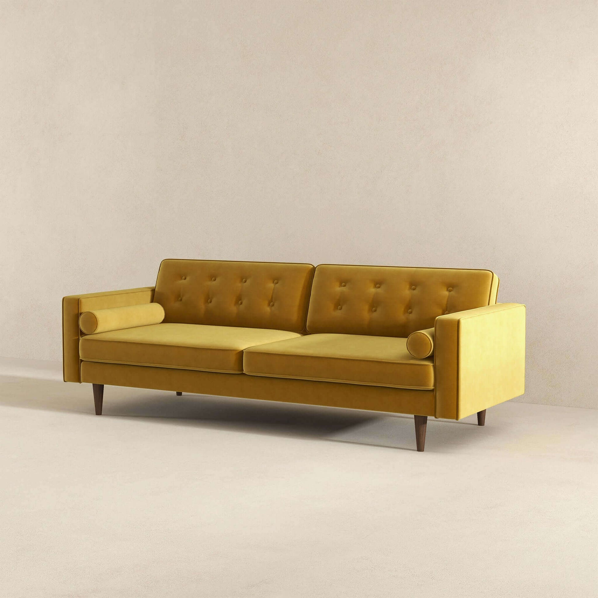 Casey Mid Century Modern Gold Velvet Sofa Yellow Wood Velvet 3 Seat