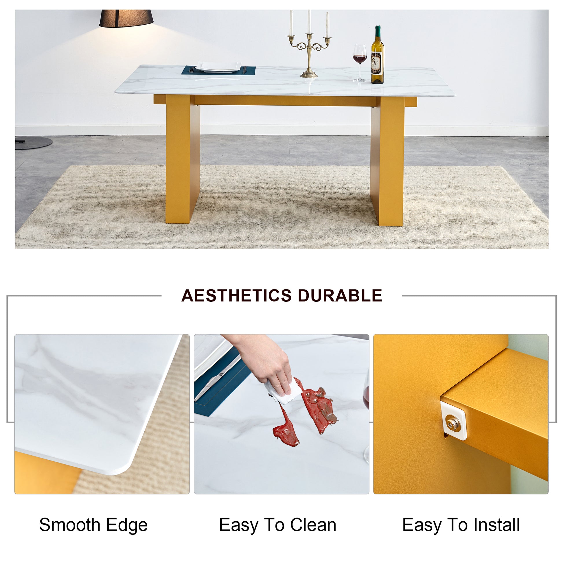 Large Modern Rectangular Table With 0.4 Inch Patterned Tabletop And Large Mdf Table Legs, Suitable For Kitchen, Dining Room, And Living Room 71 "* 35.4" * 30 " 1546 Gold Mdf Glass