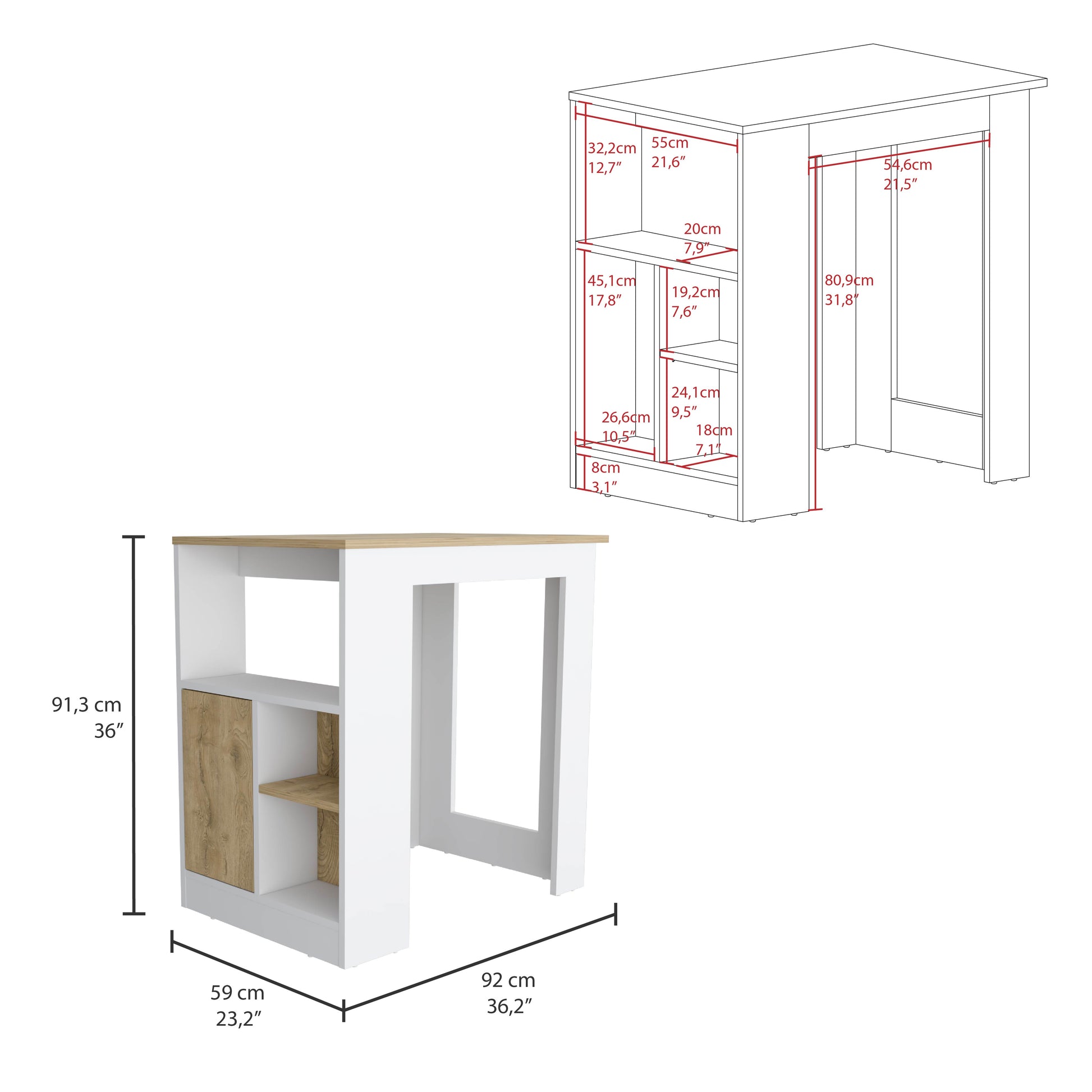 Culver Kitchen Island With Storage Shelves And Single Door Cabinet Push To Open System Multicolor Dining Room Modern Rectangular Stationary Kitchen Islands Mdf Engineered Wood Medium 40 55In