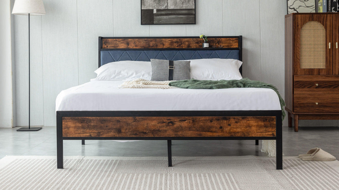 Black Full Metal Bed Frame With Upholstered Headboard And Footboard And Iron Slats, Rustic Bed Base, Heavy Duty Platform Bed Frame,12 Inch Underbed Storage No Springs Required Box Spring Required Full Black Dark Walnut Metal Brown Bedroom