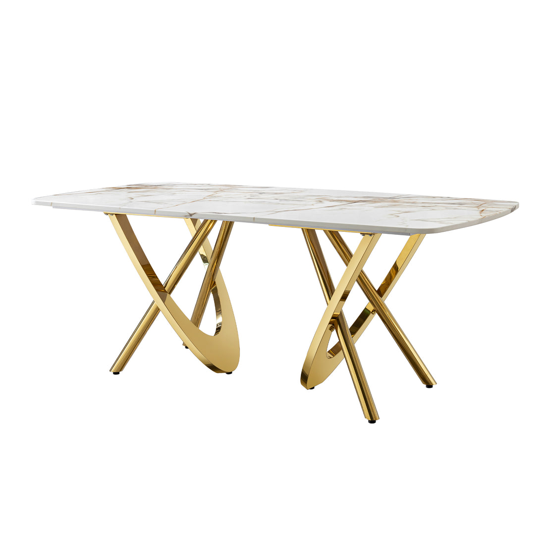 Mdf Marble Pattern Dining Table With Gold Stainless Steel Base, Rectangular Shape Seats 6 8 People Gold Seats 6 Dining Room Modern Kitchen & Dining Tables Rectangular Stainless Steel