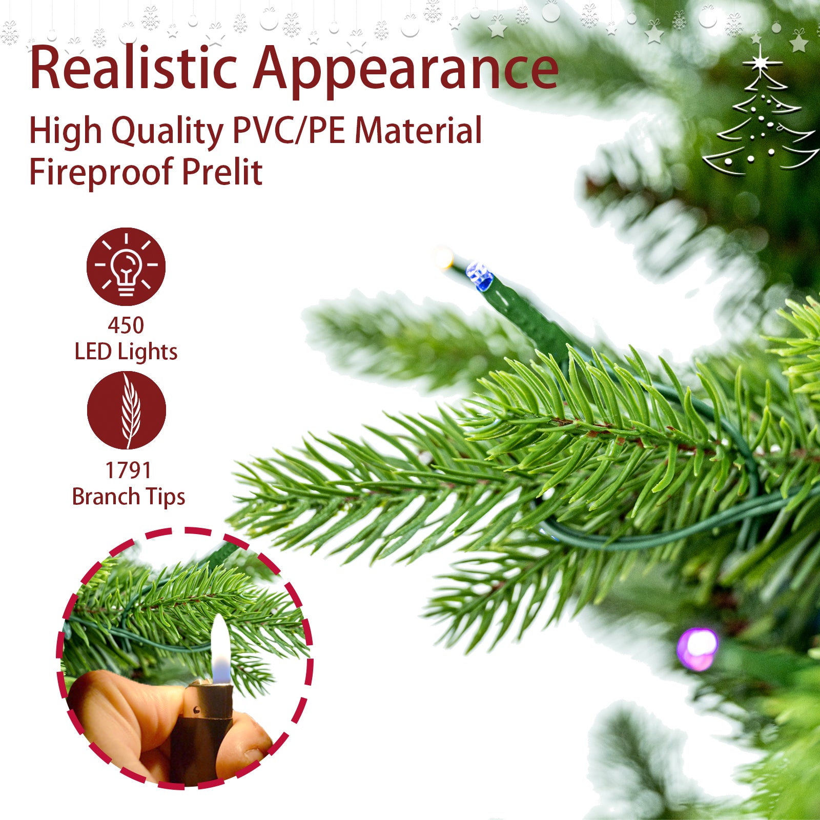 6.5Ft Artificial Christmas Tree Prelit Pe&Pvc With Metal Stand,450 Bi Colour Led Lights,1791 Branch Tips Green Everett Balsam Tree Easy Assembly For Indoor,Home 50 X 50 X 90 Inches Green Pvc