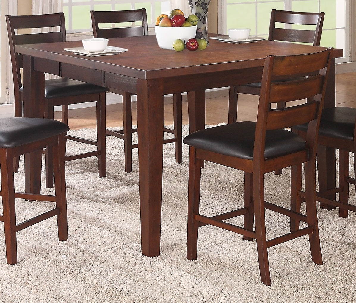 Contemporary Counter Height Dining Table W Leaf 6X High Chairs 7Pc Set Antique Walnut Wood Finish Dining Room Furniture Wood Dining Room Extendable Rubberwood Square Dining Table With Chair Wood Wood Walnut Ladder Back Seats 6 54 Inches Removable Leaf