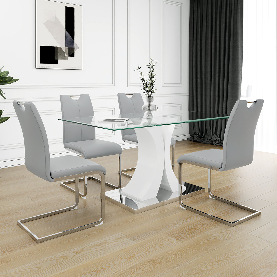 Modern Style Glass Table, Elegant Transparent Design, Durable Support Base, Gray Dining Chair Set, Electroplated Chair Legs, Suitable For Restaurant Kitchens Set Of 5 Grey Silver Seats 4 Mdf Glass