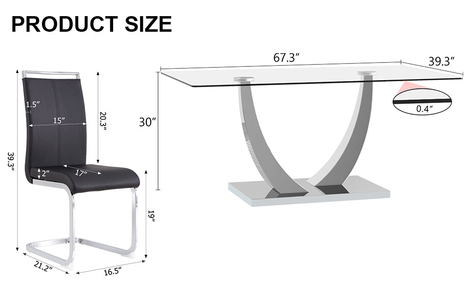 Table And Chair Set. Large Modern Rectangular Table With Glass Top And Silver Metal Legs. Furnished With Soft And Comfortable Pu Chairs With Faux Leather Upholstered Seats And Silver Metal Legs. Black Silver Seats 8 Glass Metal