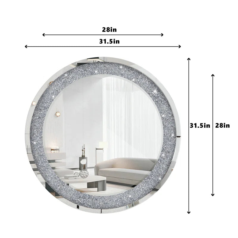 31.5" Crushed Diamond Decor Round Wall Mirror Silver Art Deco,Modern Mdf Glass,Mirror