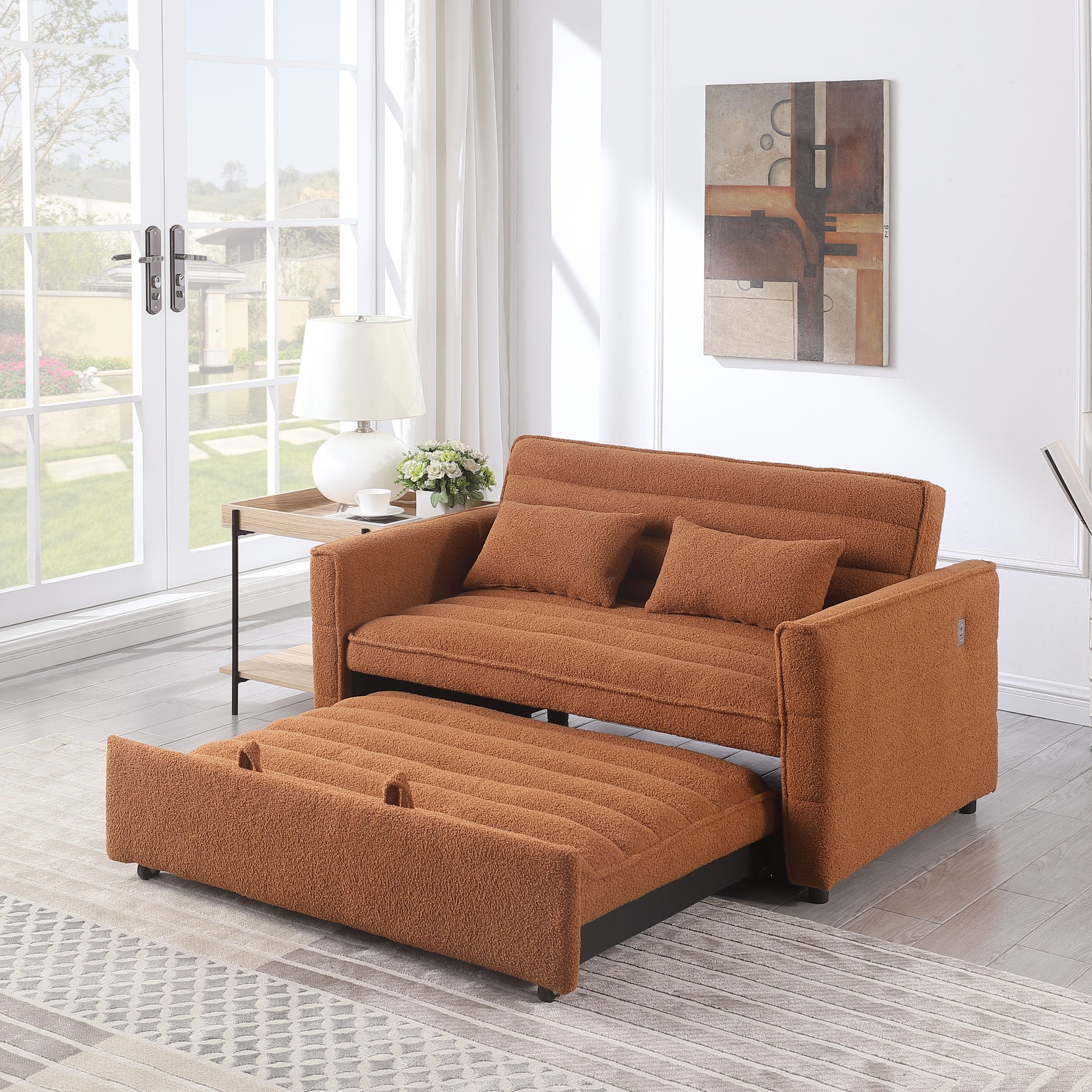 Soft Boucle Convertible Two Bedroom Sofa With Adjustable Back, 2 Seater Sofa, Pull Out Bed, 2 Waist Pillows For Small Living Rooms And Apartments Light Brown Foam Boucle 2 Seat