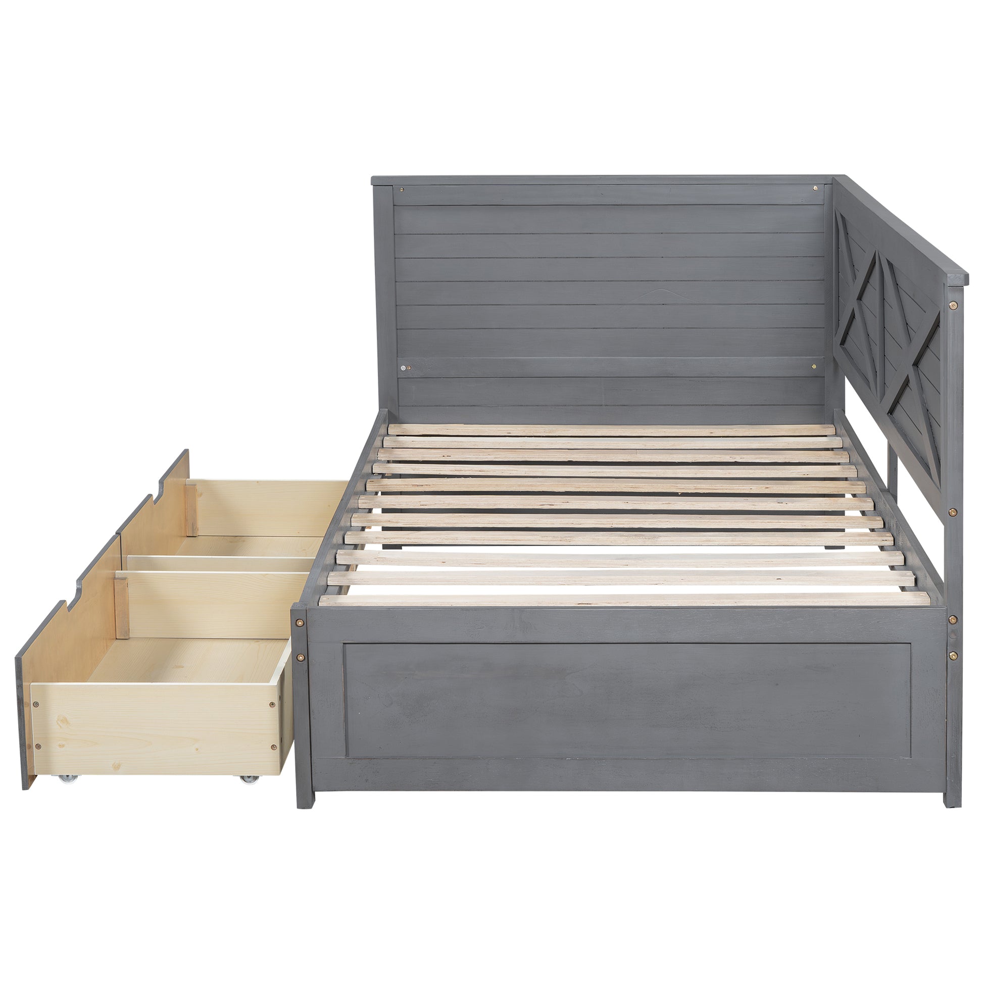 Twin Size Wood Daybed With 2 Drawers And Rustic Guardrail, Ancient Grey Expected Arrival Time: 8.28 Box Spring Not Required Twin Grey Wood Daybeds Solid Wood Mdf