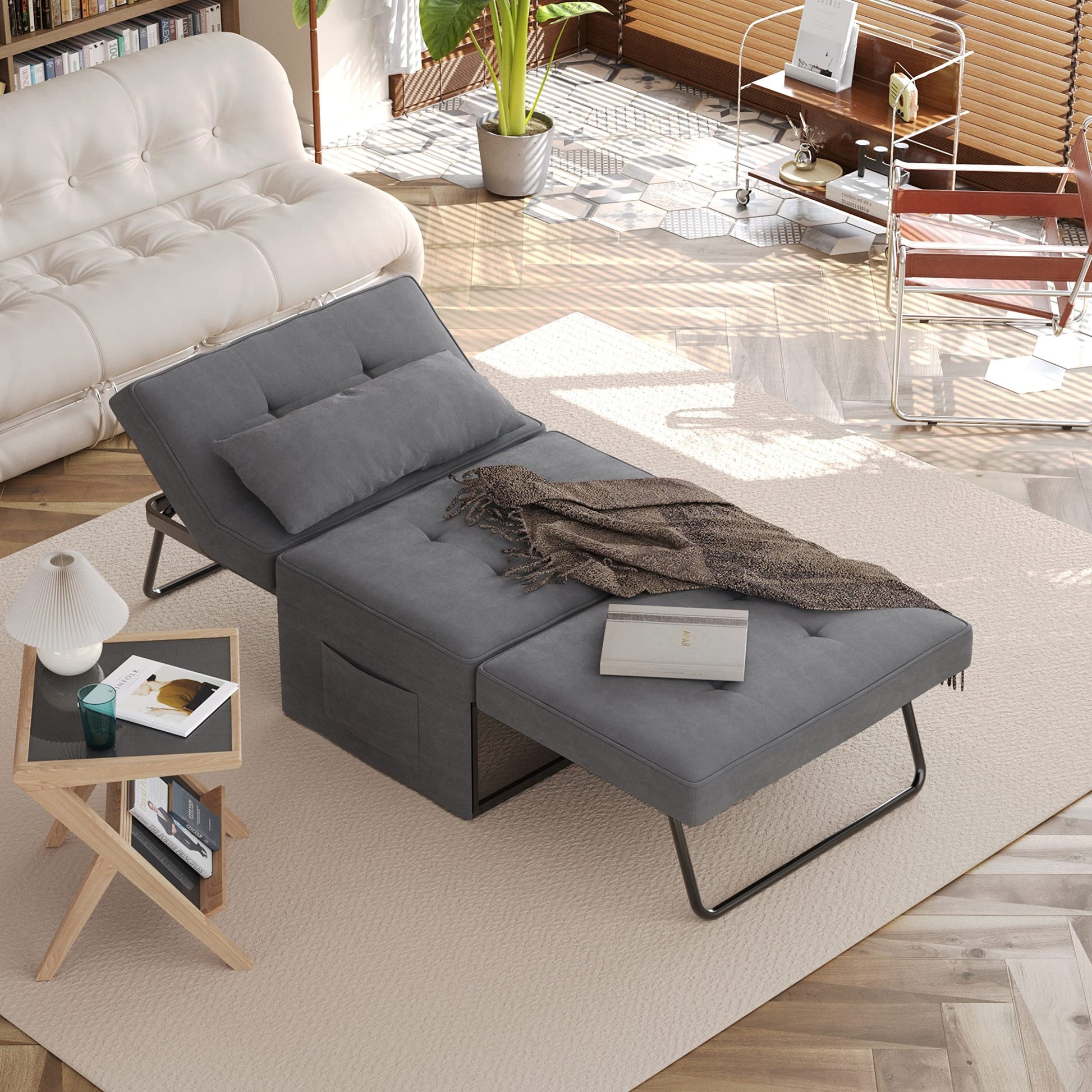 Sofa Bed,Chair Bed,Sleeper Couch,4 In 1 Multi Function Folding Ottoman Bed With Slide Storagepocket For Living Room,Bedroom,Hallway Dark Gray Espresso Bedroom Mid Century Modern Oak Upholstered Fabric