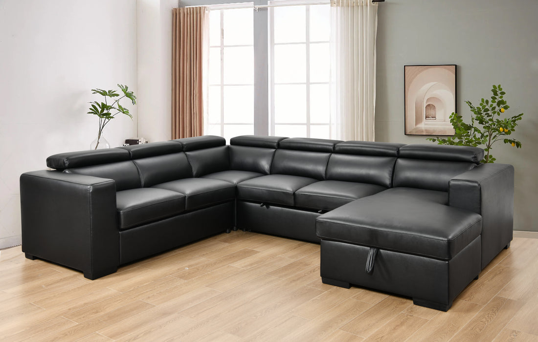 123" Modern U Shaped 7 Seat Sectional Sofa Couch With Adjustable Headrest, Sofa Bed With Storage Chaise Pull Out Couch Bed For Living Room ,Black Light Brown Wood Primary Living Space Heavy Duty Eucalyptus 7 Seat Black Faux Leather Soft Cushion Back