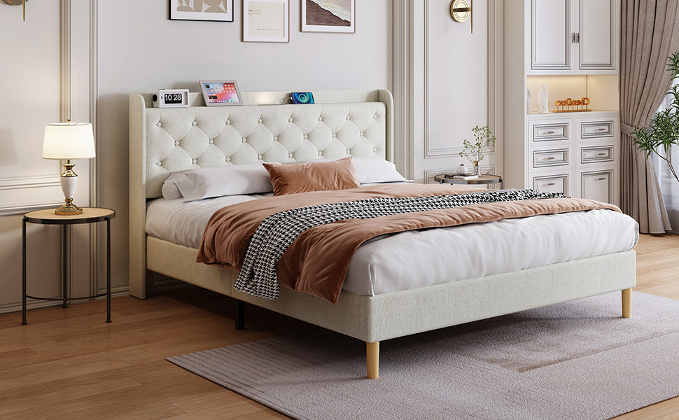 Queen Size Bed, Mesh Backboard Beautiful, With Led Lights, Cotton And Linen Fabric, Frame Stability, Easy To Assemble,Light Gray Queen Light Gray Mdf Acacia
