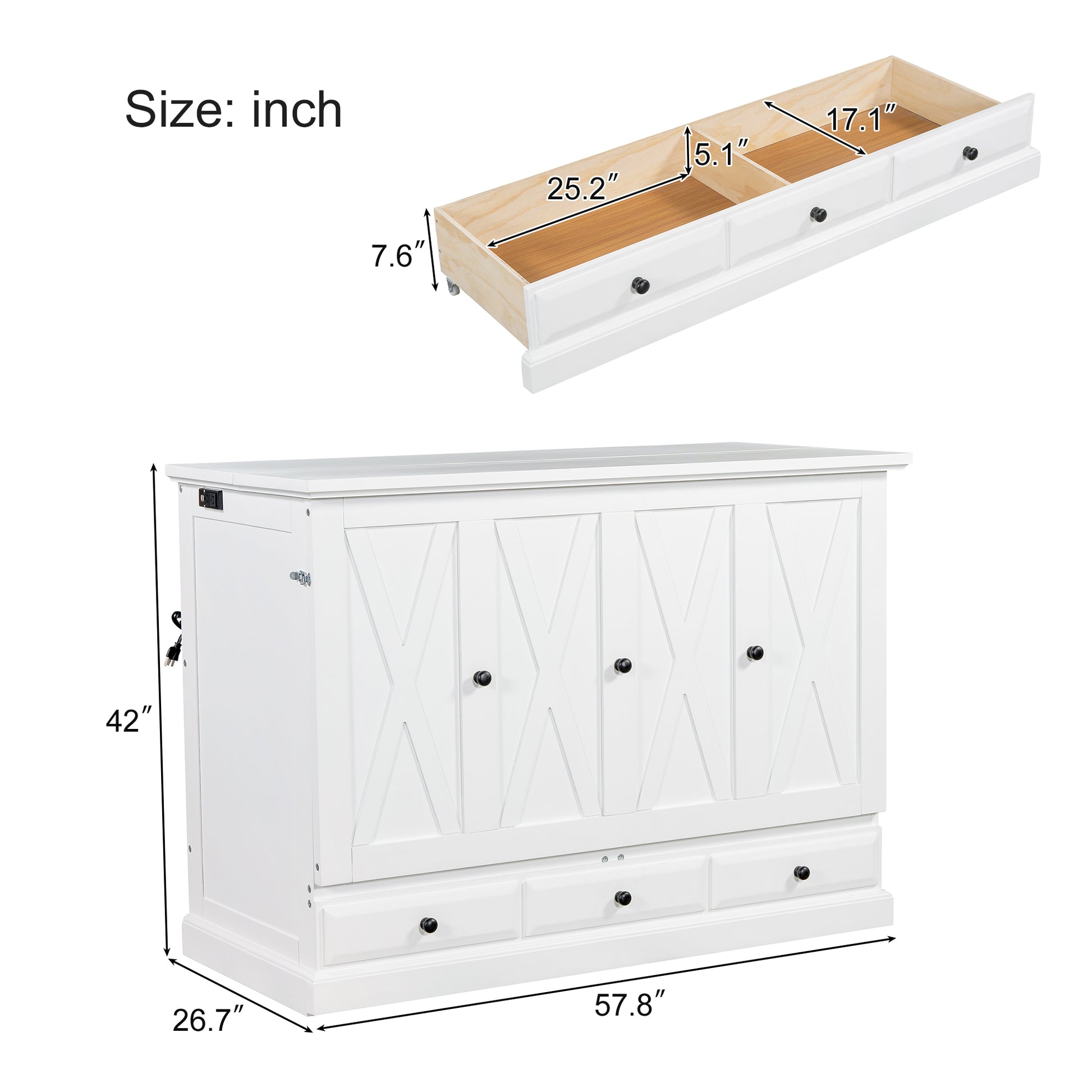 Solid Pine Murphy Bed Chest Cube Cabinet Bed With Charging Station And Large Storage Drawer For Home Office Or Small Room,Full,White Box Spring Not Required Full White Wood White Pine Murphy Solid Wood Mdf