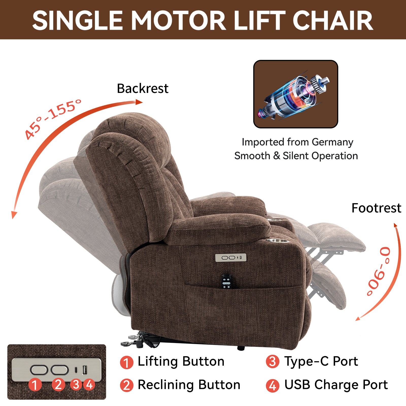 Up To 350 Lbs Chenille Power Lift Recliner Chair, Heavy Duty Motion Mechanism With 8 Point Vibration Massage And Lumbar Heating, Usb And Type C Ports, Stainless Steel Cup Holders, Brown White Metal Primary Living Space Heavy Duty Pine Brown Chenille