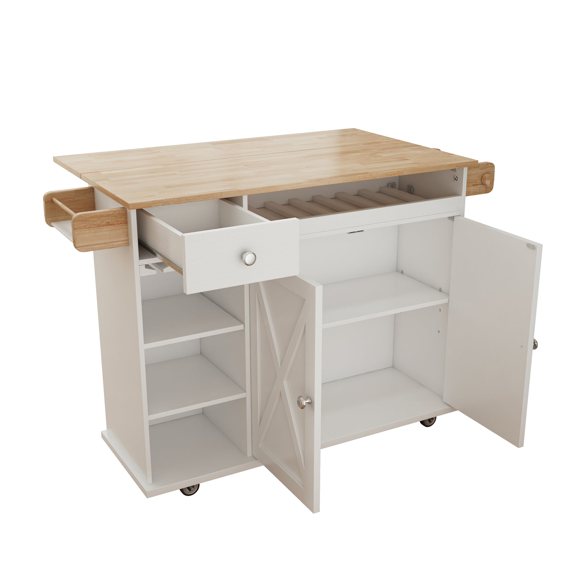 44 Inch Kitchen Island Cart With Solid Wood Top, Wine Storage, Spice Rack, Towel Rack, Wine Glass Holder, Rolling Kitchen Island Table On Wheels, Tool Free Installation, White & Oak White Solid Wood Mdf