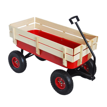 Outdoor Wagon All Terrain Pulling W Wood Railing Air Tires Children Kid Garden Red Steel