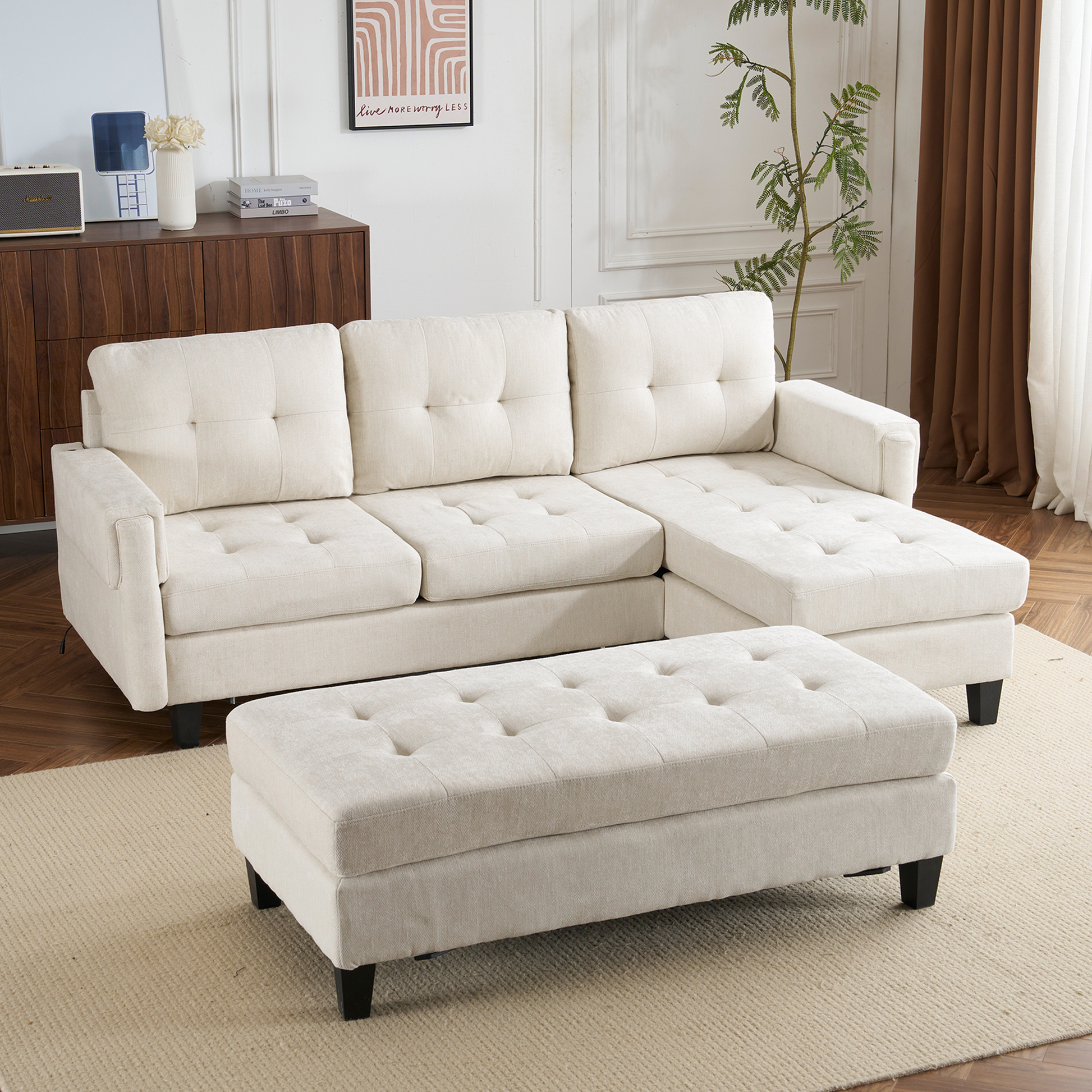 83.4" L Shaped Sofa Sectional Couch Sofa Bed With Two Usb Ports, A Movable Ottoman And A Reversible Chaise Lounge For Living Room, Beige Beige Foam Chenille 5 Seat