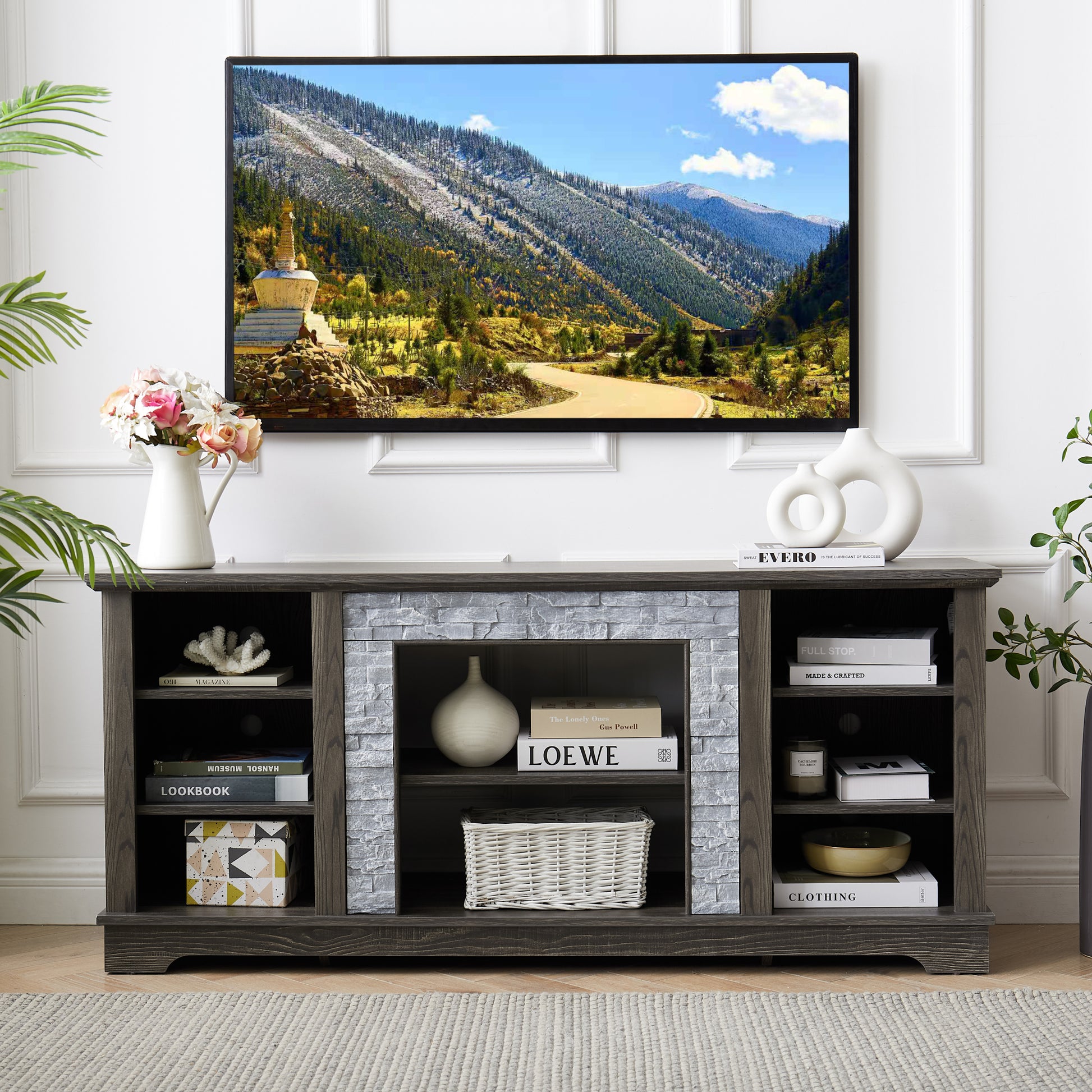 Mantel Stone Tv Media Stand With With Faux Stacked Stone Surround, Modern Entertainment Console With Open Storage Space,Grey, 58.31"W*15.39"D*26.06"H Grey 60 69 Inches Mdf