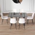 Table And Chair Set, Textured Top In Vintage Retro Grey Wood Grain Desktop, Black Metal Legs. Dining Chair With White Faux Leather Backrest Cushion With Black Metal Legs. Gray,Wood Seats 6 Mdf Metal