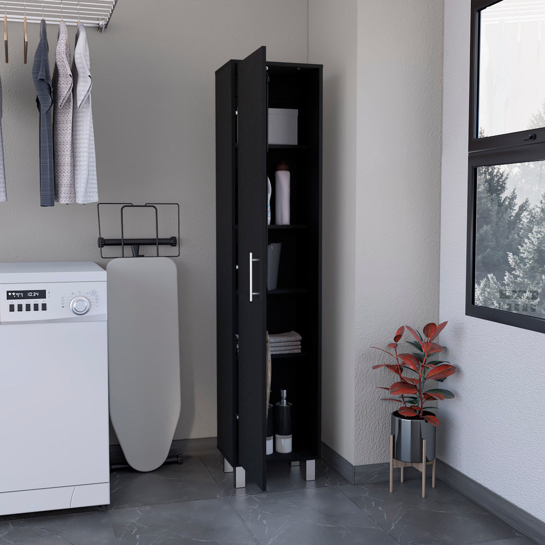 Storage Cabinet 71"H With 5 Tier Shelf, 3 Broom Hangers And Metal Hardware, Black Black Solid Wood Mdf Engineered Wood