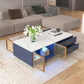 Modern Navy Blue Coffee Table With 2 Glass Door Storage, 4 Drawers, Gold Metal Legs, And Multi Color Lighting In 47.2'' Navy Blue Drawers Mdf