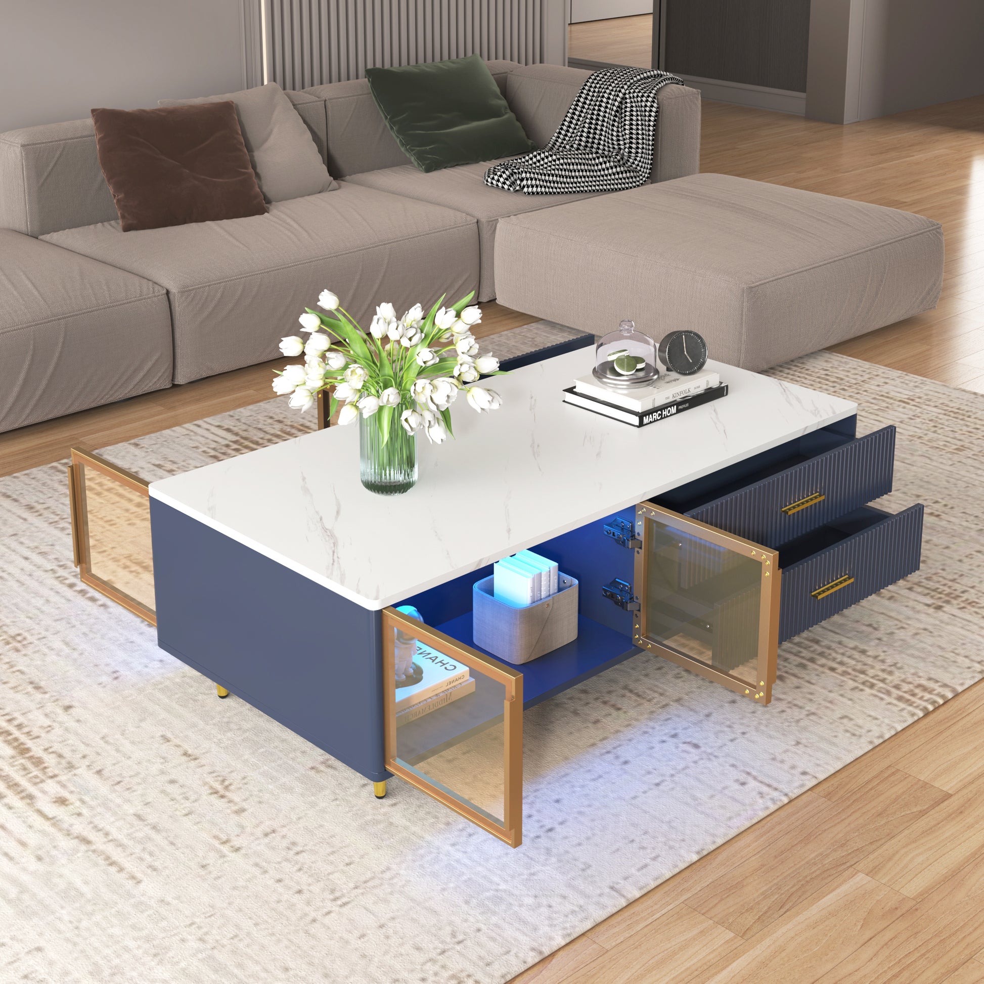 Modern Navy Blue Coffee Table With 2 Glass Door Storage, 4 Drawers, Gold Metal Legs, And Multi Color Lighting In 47.2'' Navy Blue Drawers Mdf
