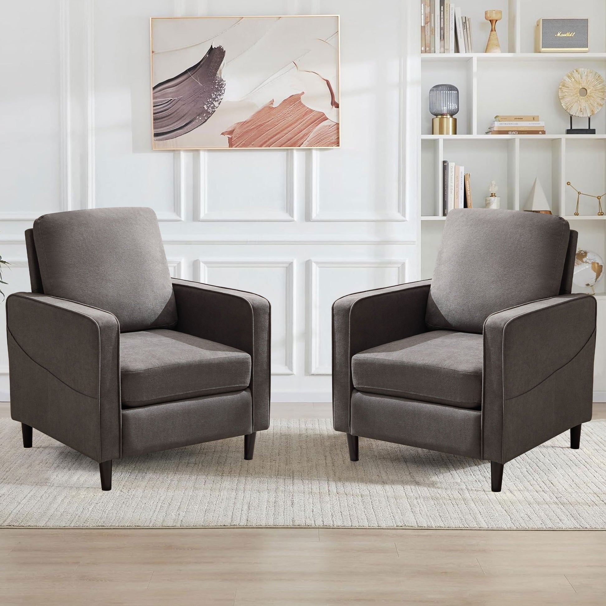 Mid Century Accent Chair ,Modern Linen Fabric Armchair For Living Room,Double Side Pockets, Comfortable And Padded Reading Feature Sofa Chair, Suitable For Bedrooms, Living Rooms, And Offices Dark Grey Linen