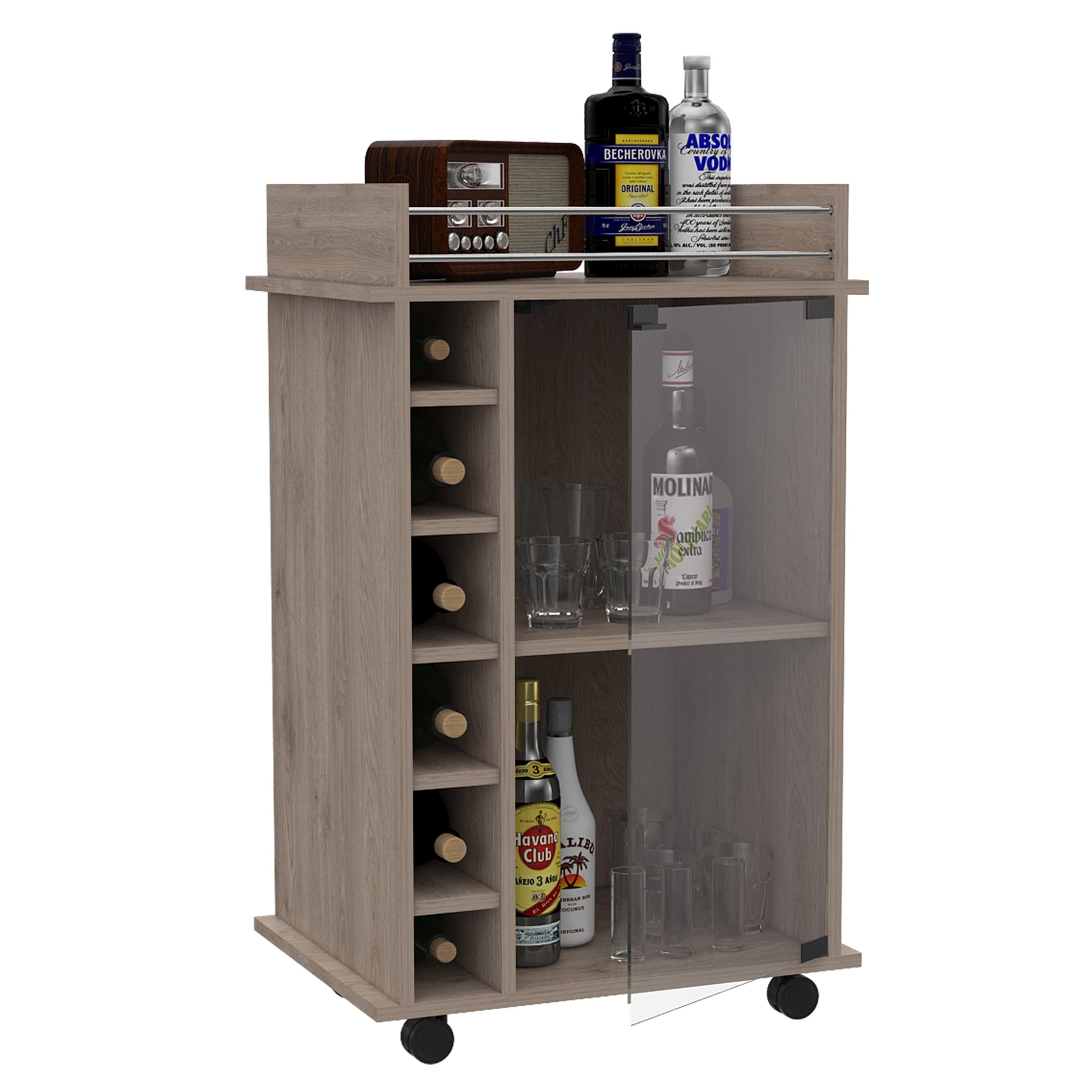 Dukat Bar Cart,Two Shelves, Six Built In Wine Rack, Four Casters Light Gray Gray Dining Room Modern Particle Board Particle Board