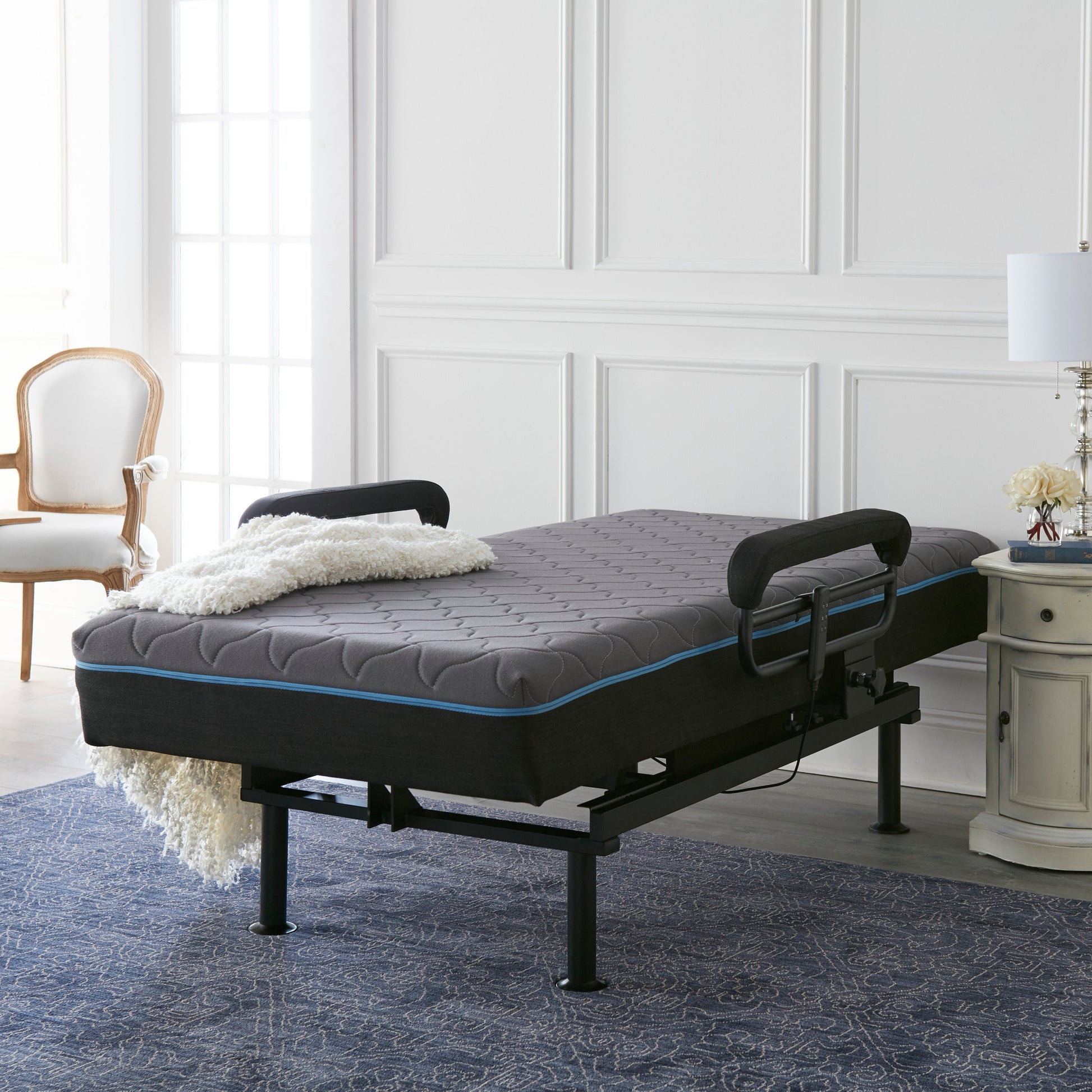 Adjustable Bed With Convenient Lift Assit Blue Metal