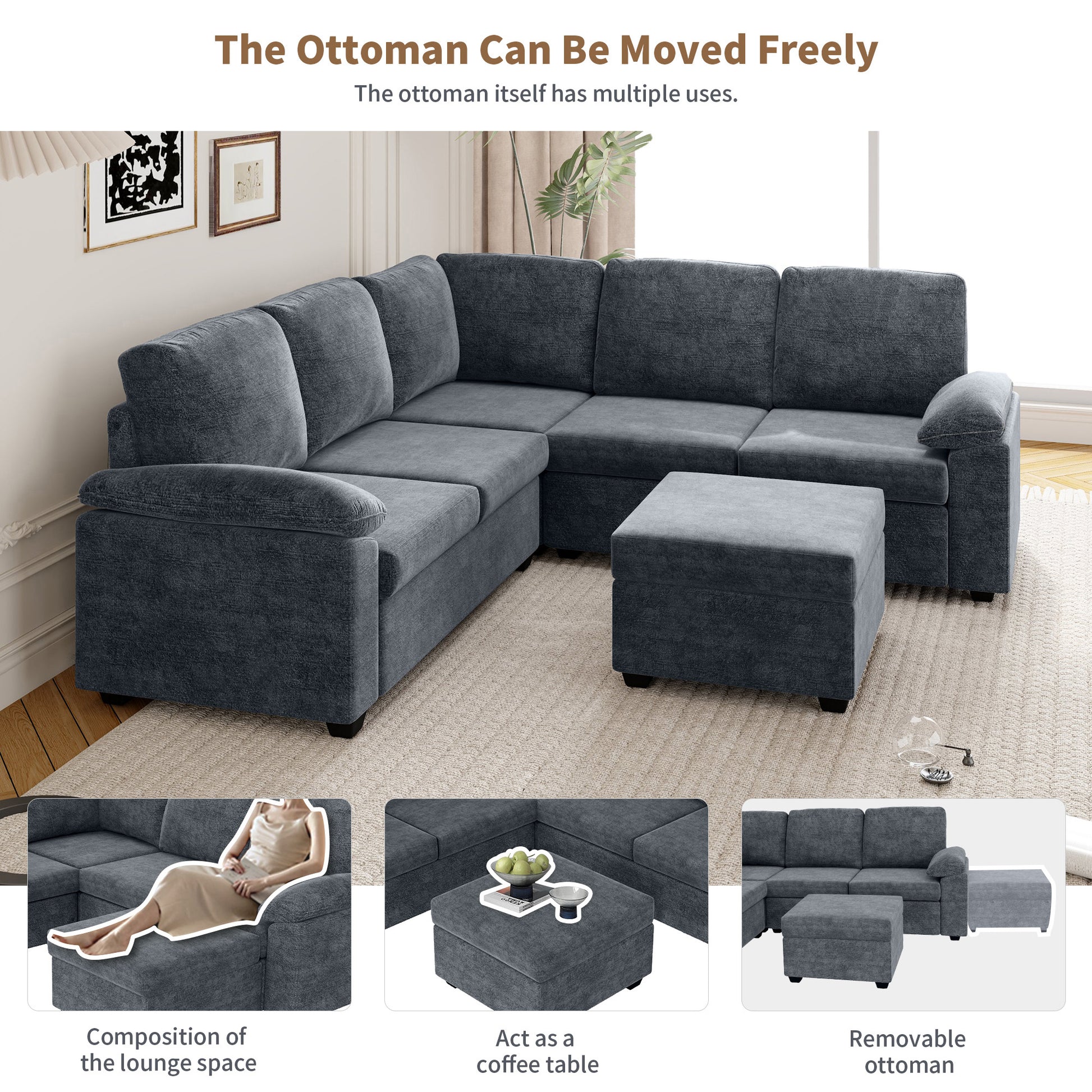 84*84" Modern Velvet Sectional Sofa Set,Large U Shaped Upholstered Corner Couch With Ottoman,Armrest Pillow,6 Seat Indoor Furniture For Living Room,Apartment,Office,2 Colors Gray Velvet 6 Seat