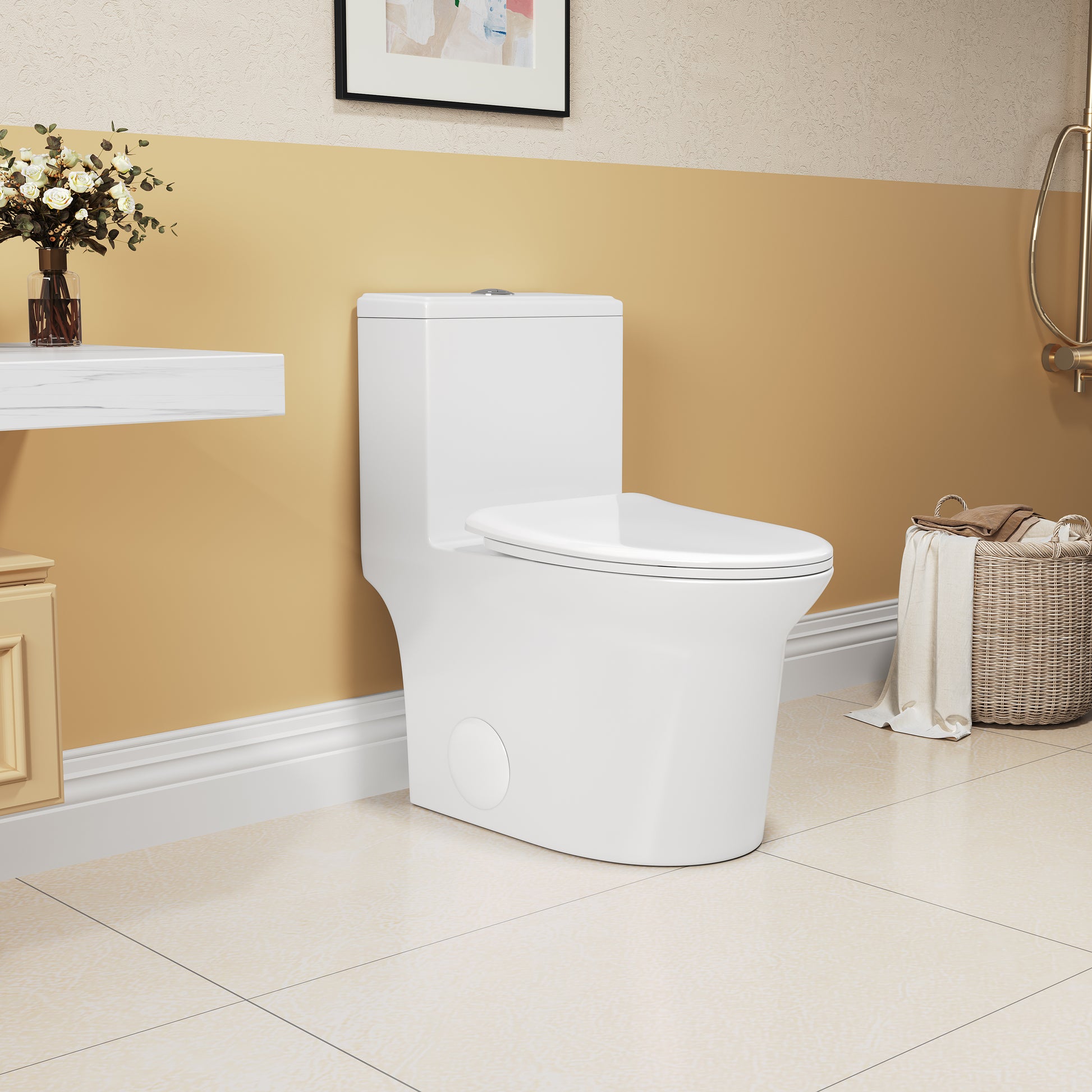 1.1 1.6 Gpf Elongated Comfort Height Super Quite Flushing Floor Mounted One Piece Toilet, Cupc Certified, Watersense Cetified, Ceramic, White Color, Soft Close Seat White Ceramic