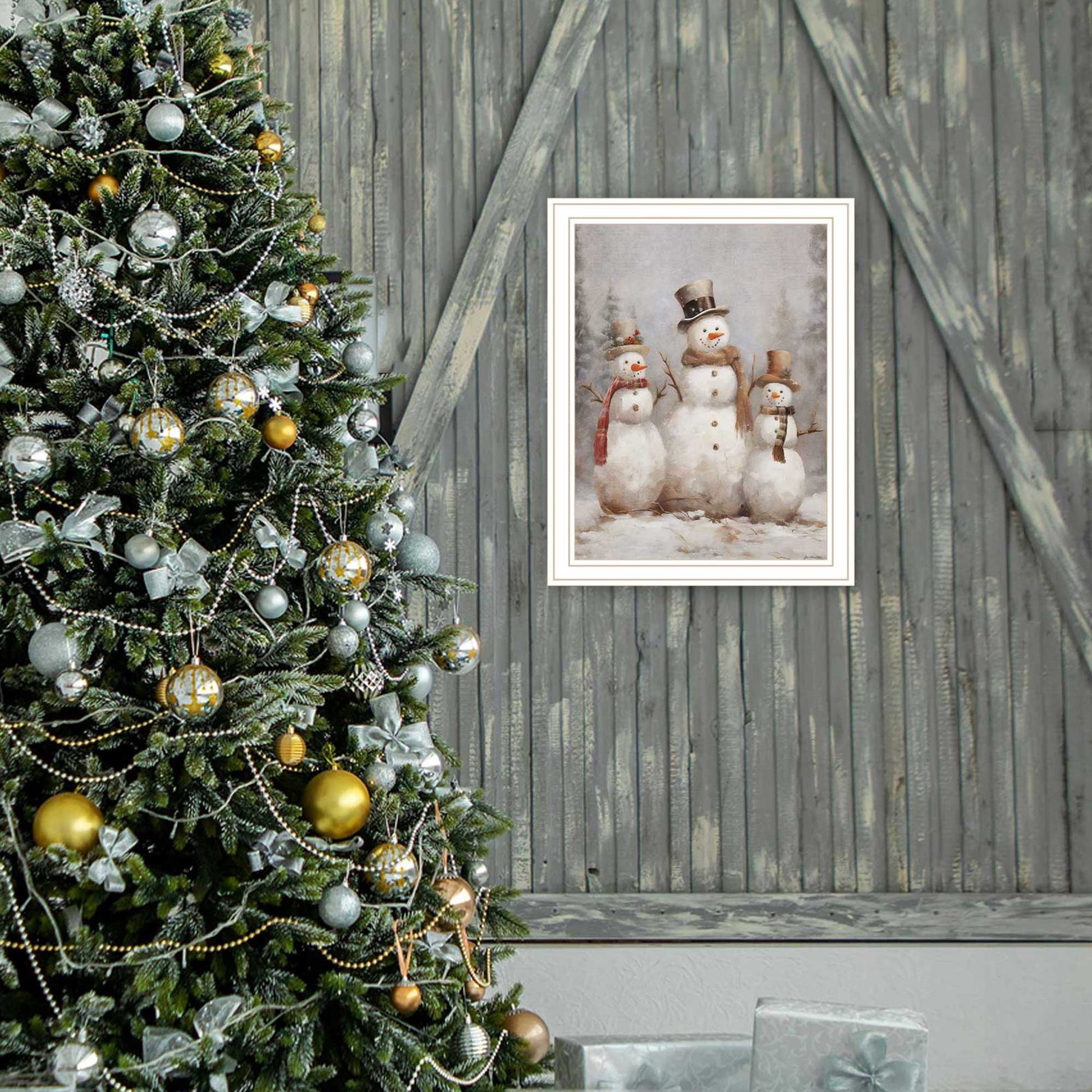 Three Snowman Pals White Framed Wall Art For Living Room, Holiday Wall Art Print For Home Decor, Bedroom Wall Art By Jo Moulton Multicolor Wood Paper