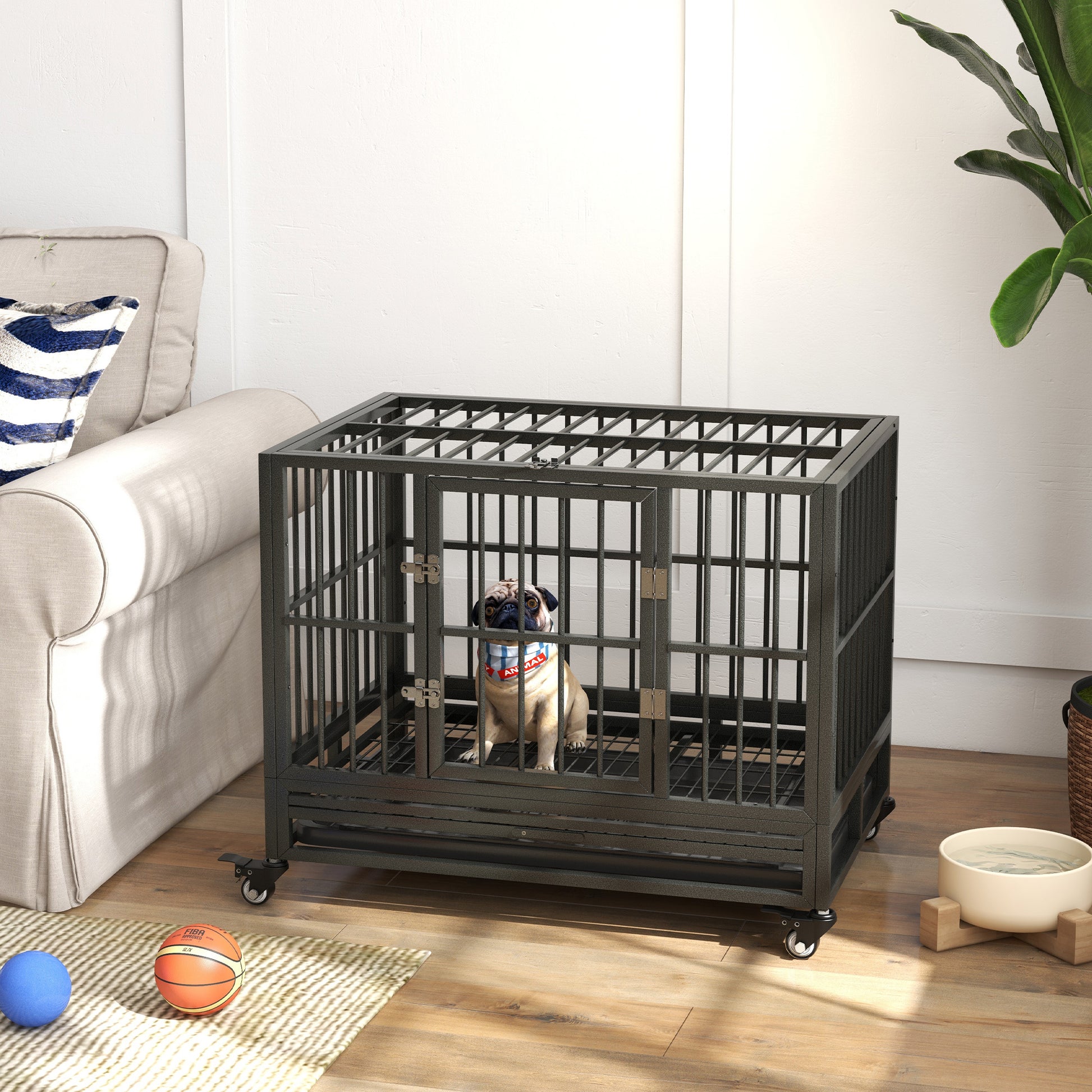 Pawhut 36" Heavy Duty Dog Crate Metal Cage Kennel With Lockable Wheels, Double Door And Removable Tray, Gray Grey Steel