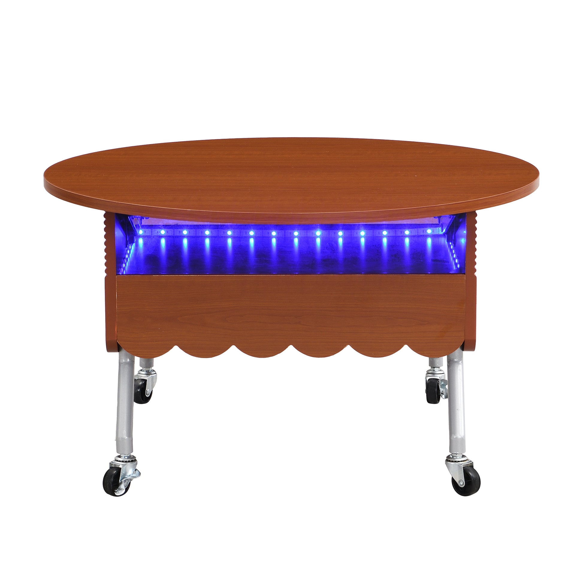 Round Lift Top Coffee Table With Wheels, Metal Frame And Multi Color Lighting In 27.6" Mahogany Glass,Mdf Metal