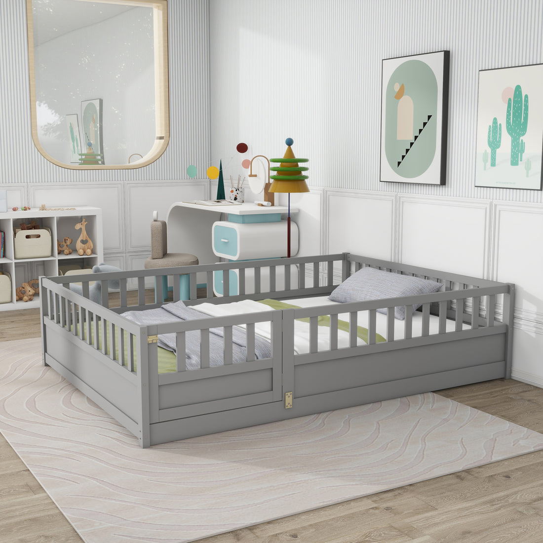 Full Size Floor Bed, Integral Construction With Super High Security Barrier, Door, Children'S Floor Bed Frame, Montessori Wooden Children'S Floor Bed, Grey Box Spring Required Full Grey Wood Brown Bedroom American Design,Artsy Pine Bed Frame Pine