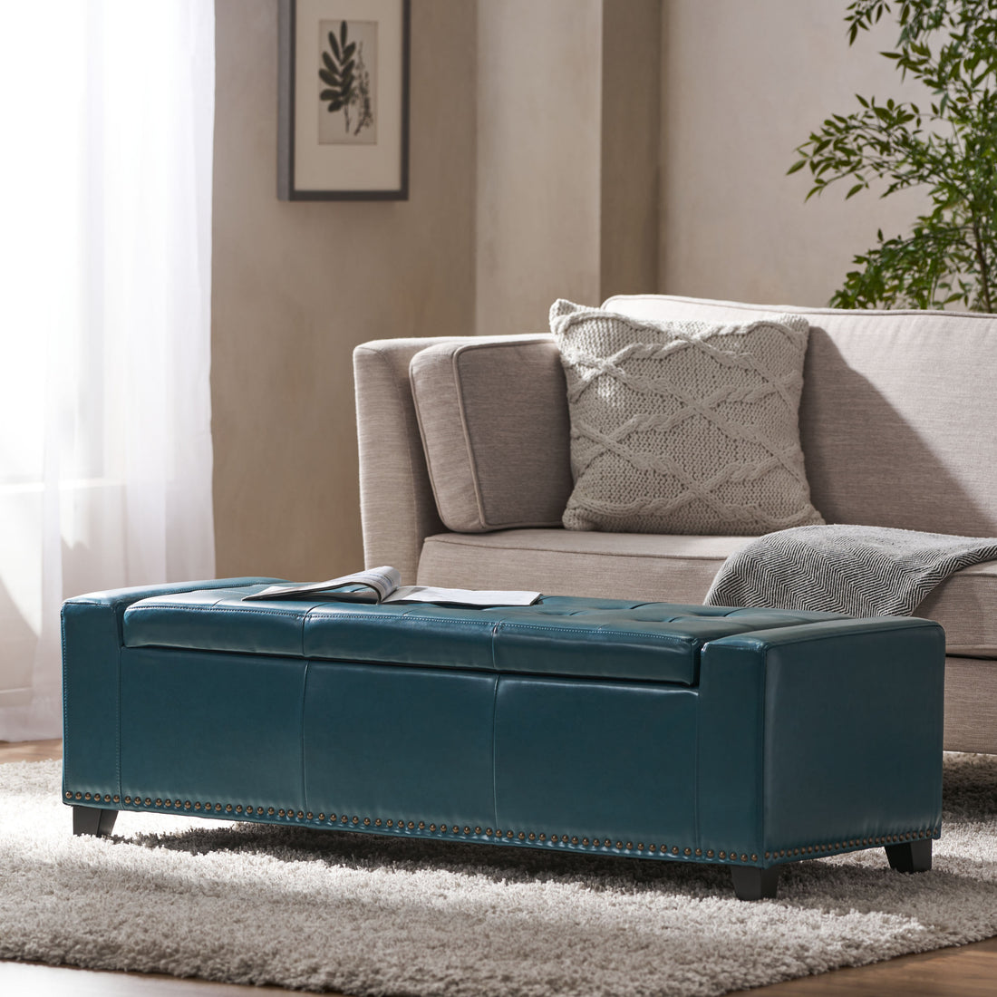 Chelsea Storage Ottoman W Studs Teal Pu