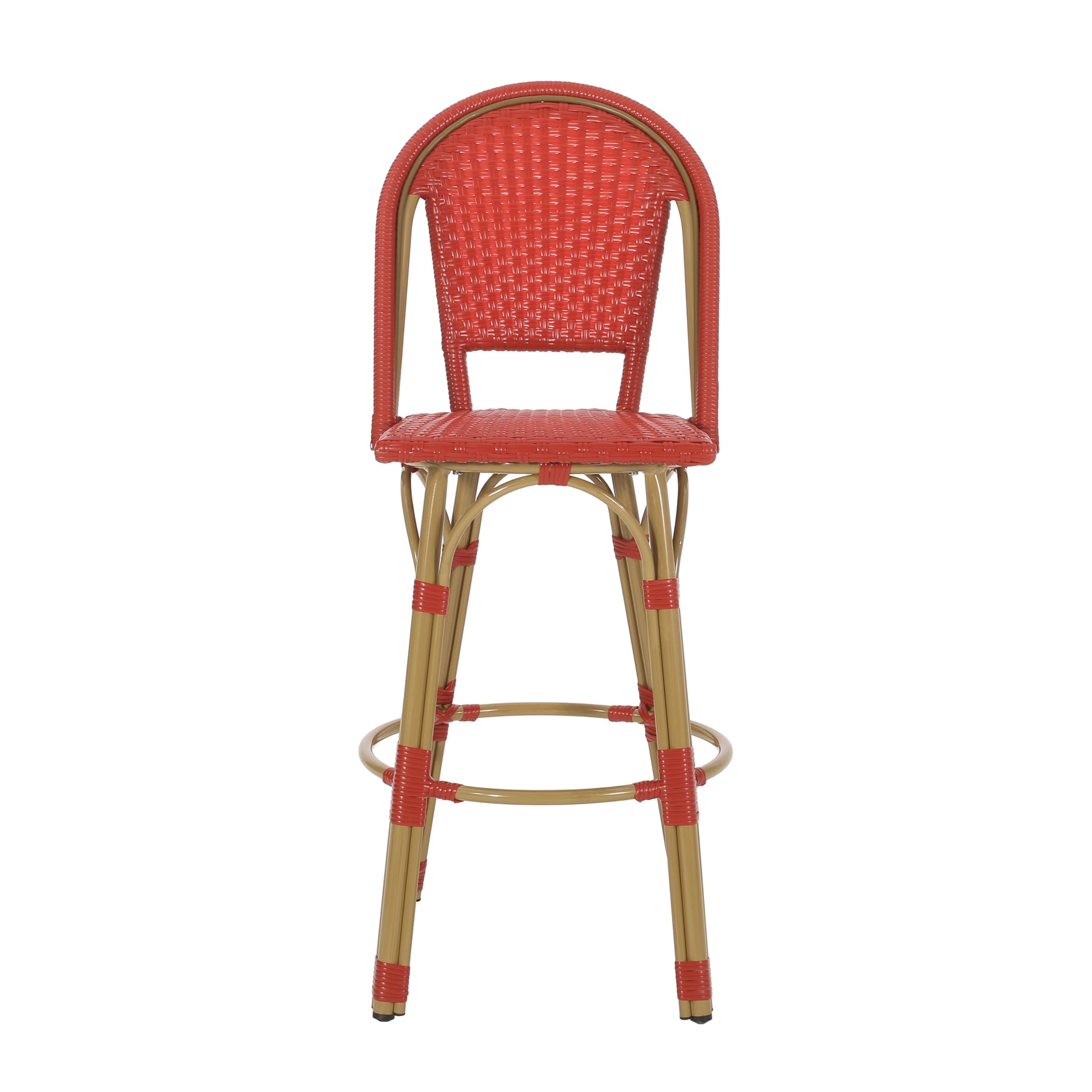 29.5" Outdoor Pe Rattan And Aluminum French Barstools, Set Of 2, Red And Bamboo Finish No Red Rust Resistant Frame Garden & Outdoor French 2 Person Seating Group Aluminum,Wicker