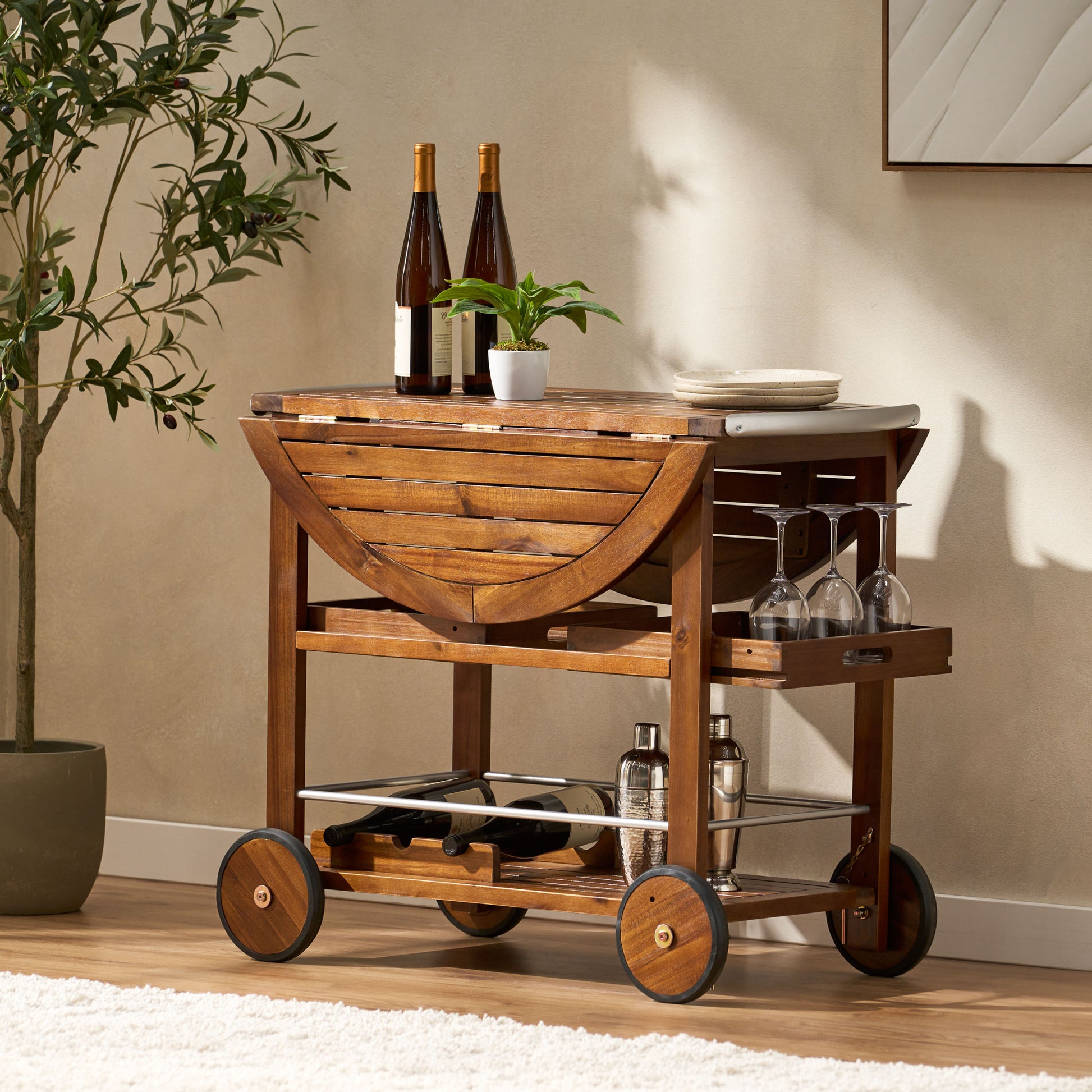 Bar Cart Oak Silver Wood