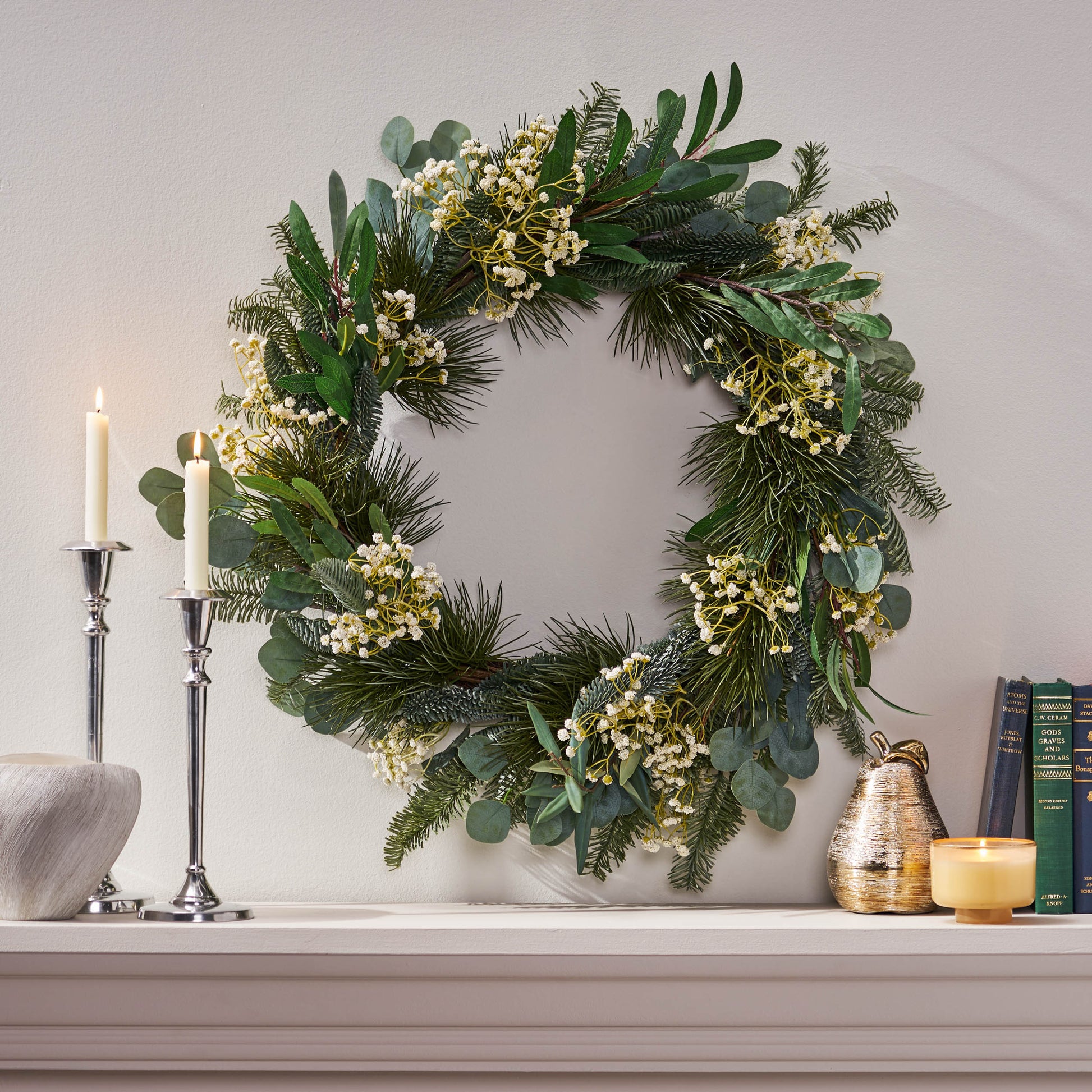 30In Eucalyptus Leaves, Pine Twigs, Stars Wreath White Green Rattan