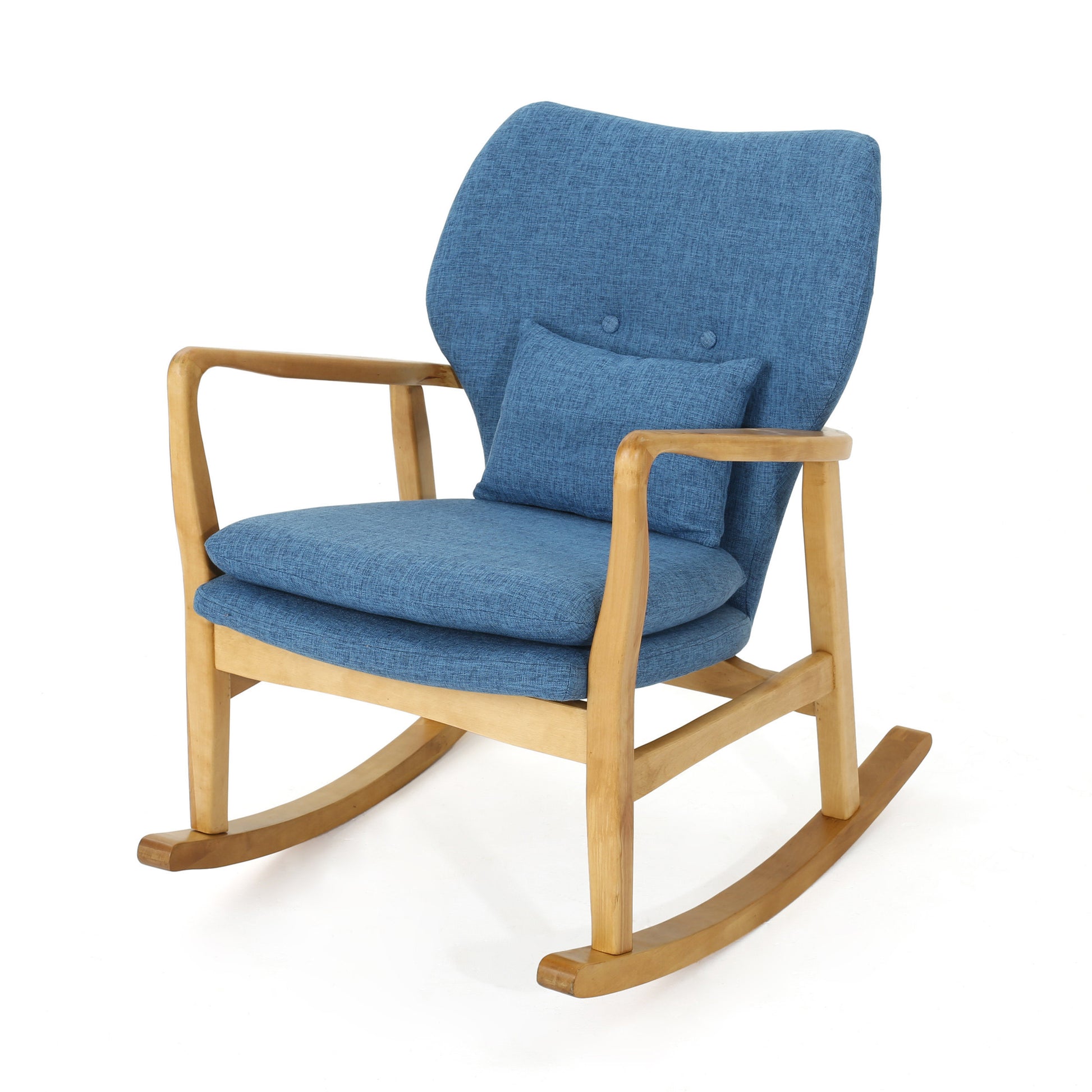 Elegant Solid Wood Rocking Chair With Blue Linen Cushion Blue Fabric