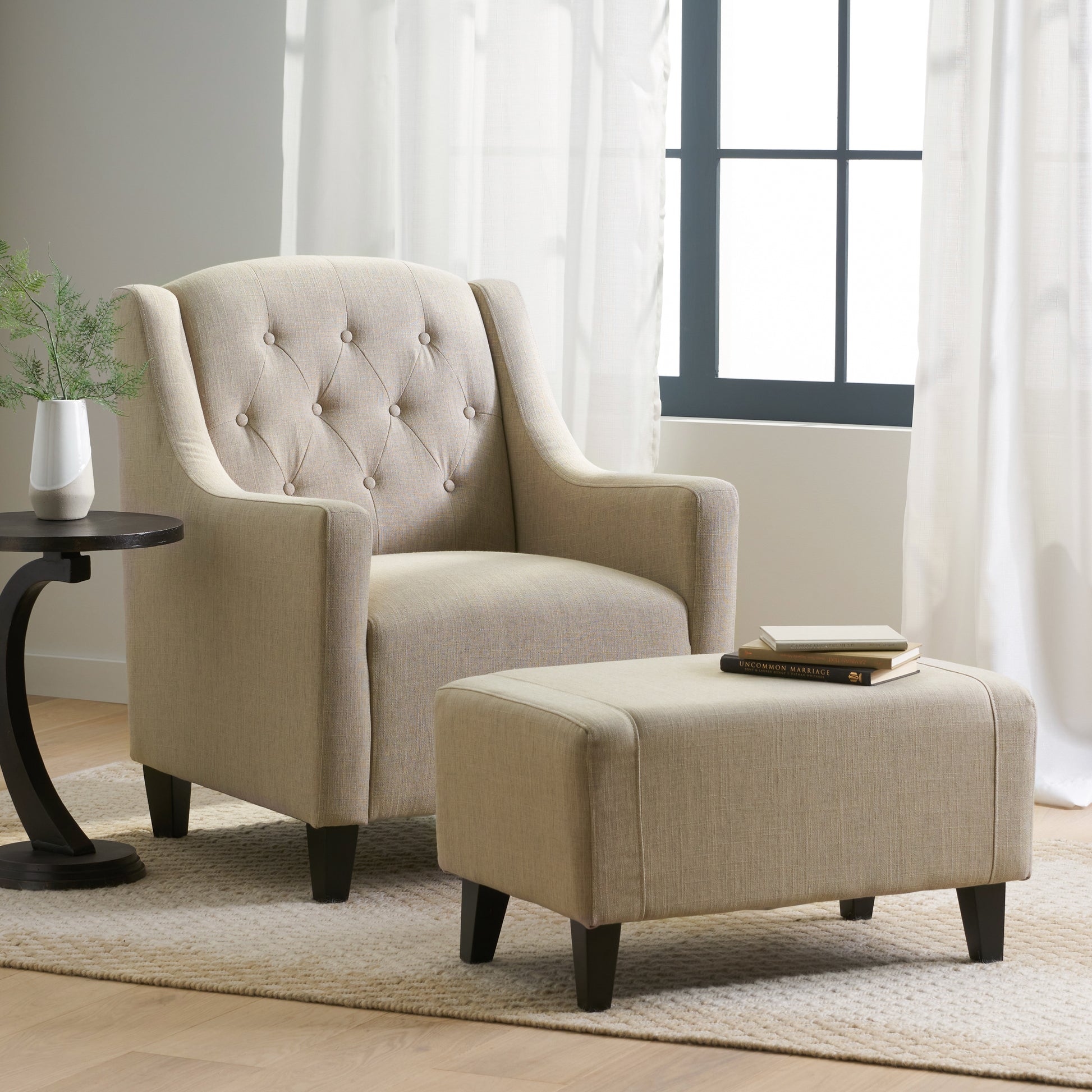 Upholstered Armchair With Ottoman Beige Fabric