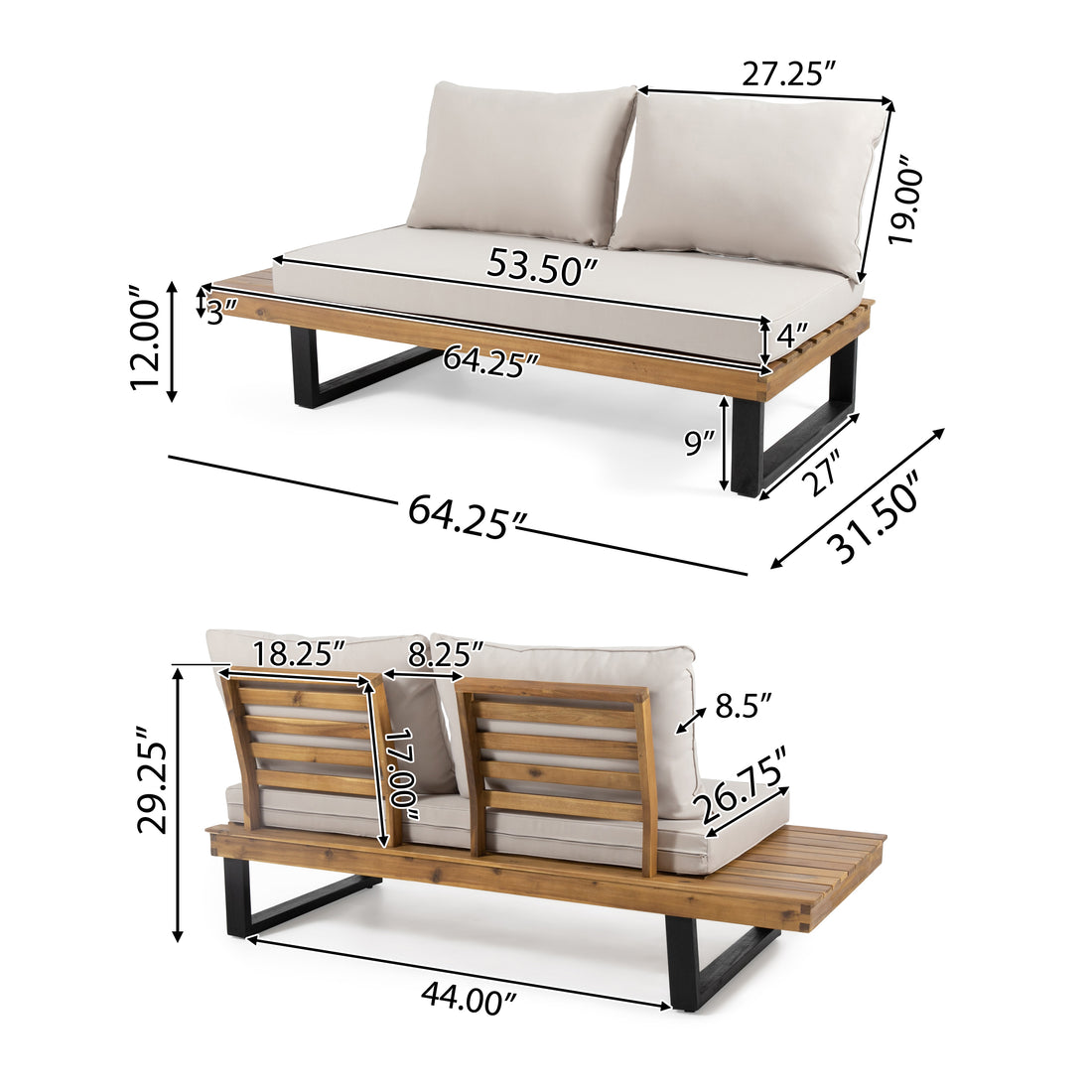 Sebastian 2 Seater Sofa Left Side Beige Acacia Wood