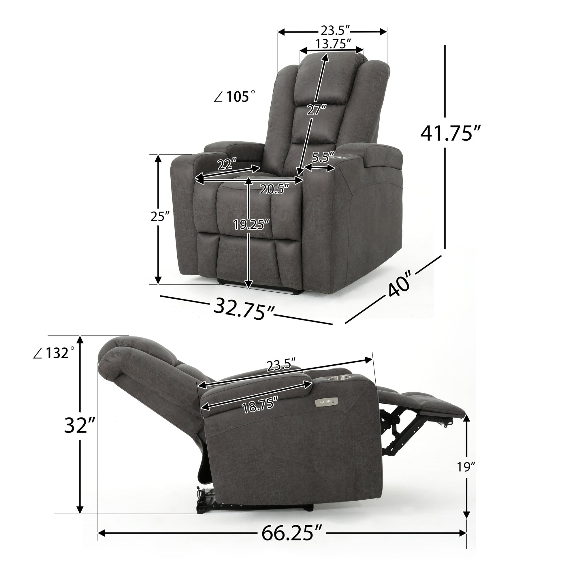 33" Wide Power Standard Recliner Chair With Arm Storage With Usb Slate Microfiber