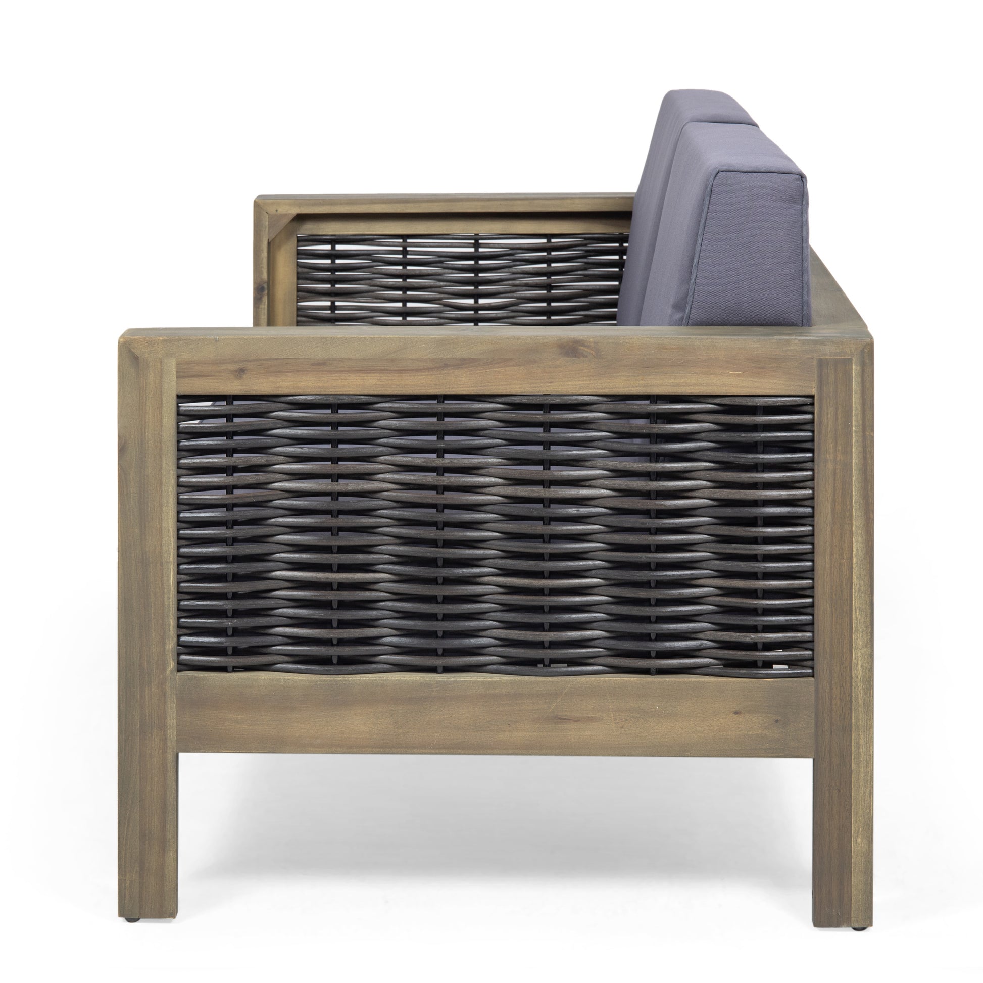 Outdoor Acacia Wood And Wicker Loveseat And Coffee Table Set With Cushions, Gray Mixed Gray Dark Gray Gray Acacia Wood
